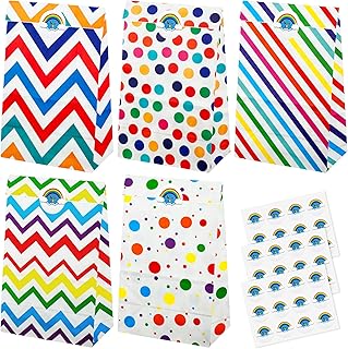 35 PCS Party Favor Bags with 36PCS Rainbow Stickers Small Paper Bags Rainbow Party Gift Bags Kraft Paper Sweet Bags Goodie Bag Treat Bags Gift Wrap Bags for Birthday Wedding Party Celebrations