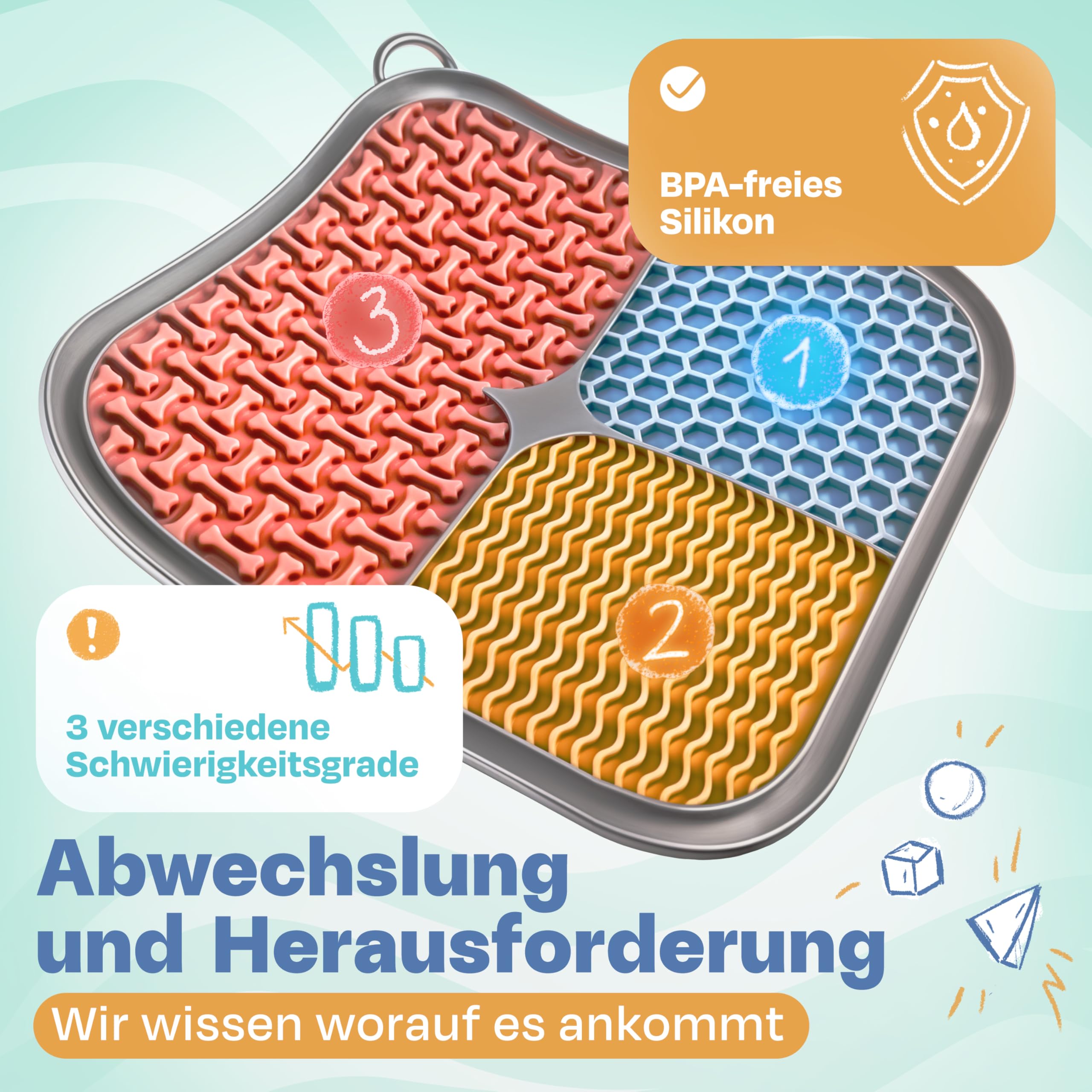 TIERFEIN – Schleckmatte Hund mit Saugnäpfen (2er Set, 20x20 cm) – Schleckmatte Katze zur Beruhigung & Förderung von langsamen Fressen – Leckmatte Hund inkl. Spatel & Bürste, BPA-frei