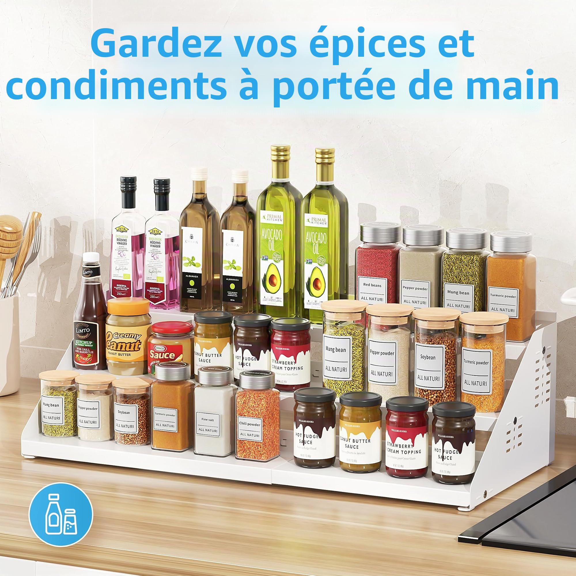 Étagère à épices extensible à 3 niveaux pour armoire, largeur extensible et réglable, organisateur d'assaisonnement pour armoire, comptoir, garde-manger, Blanc