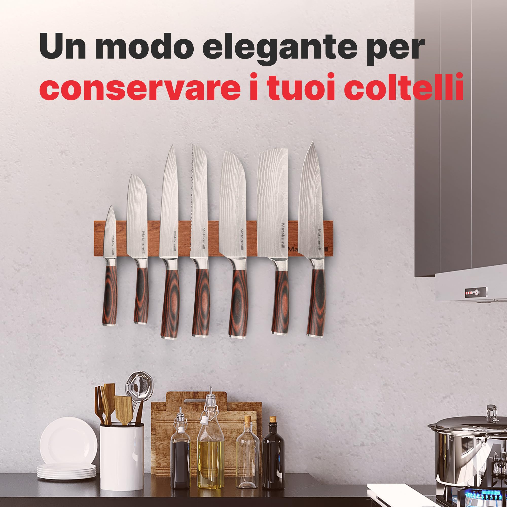 Matakumi Barra magnetica con coltello, 40 x 6 cm, in legno di acacia, magnetica, autoadesiva o viti, salvaspazio, supporto magnetico a parete