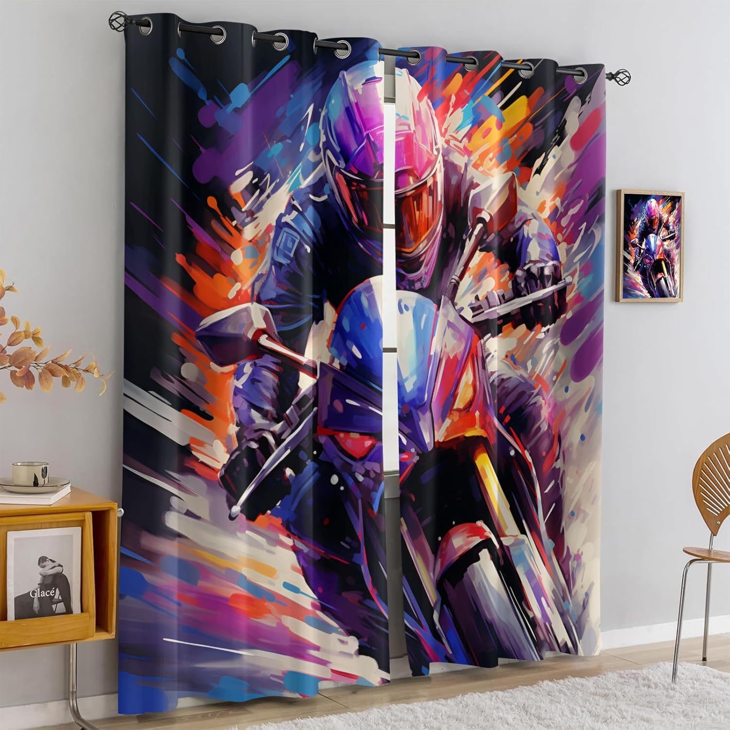 Dirt Bike Rider Printed Curtains, Racing Motor Bike Black Out Curtains 63 inch Long for Living Room Motorcycle Extreme Sports Grommet Curtains for Bedroom Window Partition