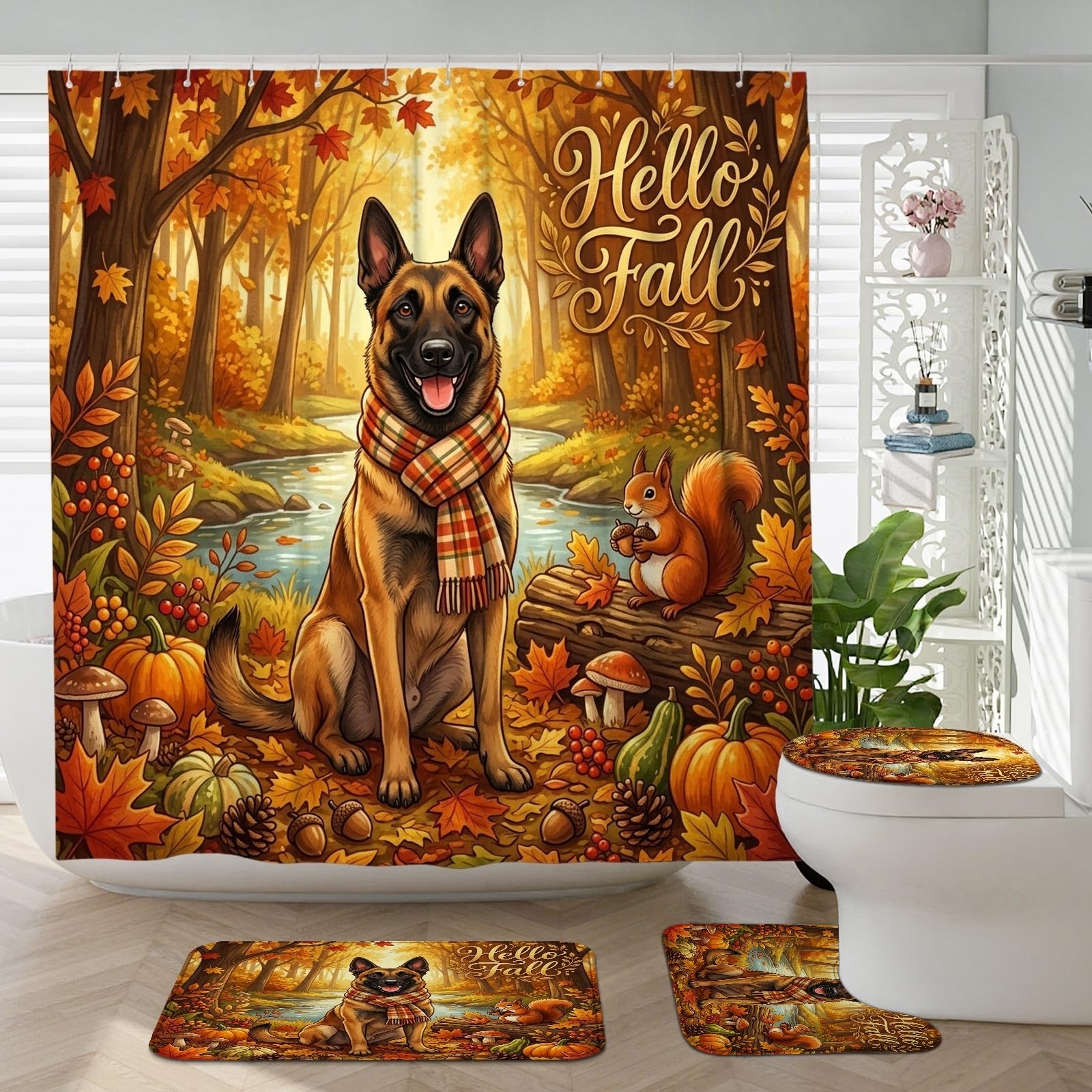 Tapis antidérapant et rideau de douche Malinois imperméable pour bain