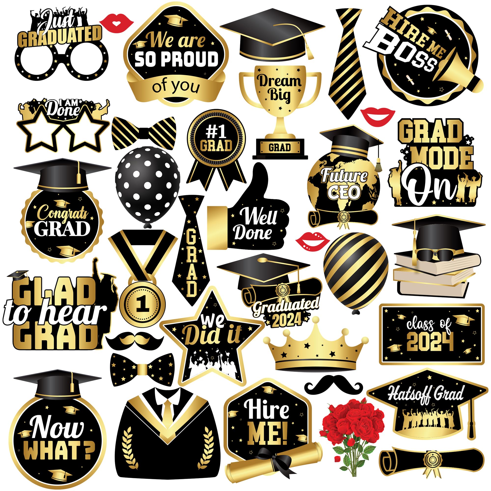 KatchOn, Graduation Photo Booth Props 2024 - Huge, Pack of 35 | Photo Booth Props Graduation 2024 | Graduation Photo Props | Graduation Props for Black and Gold Graduation Decorations Class of 2024