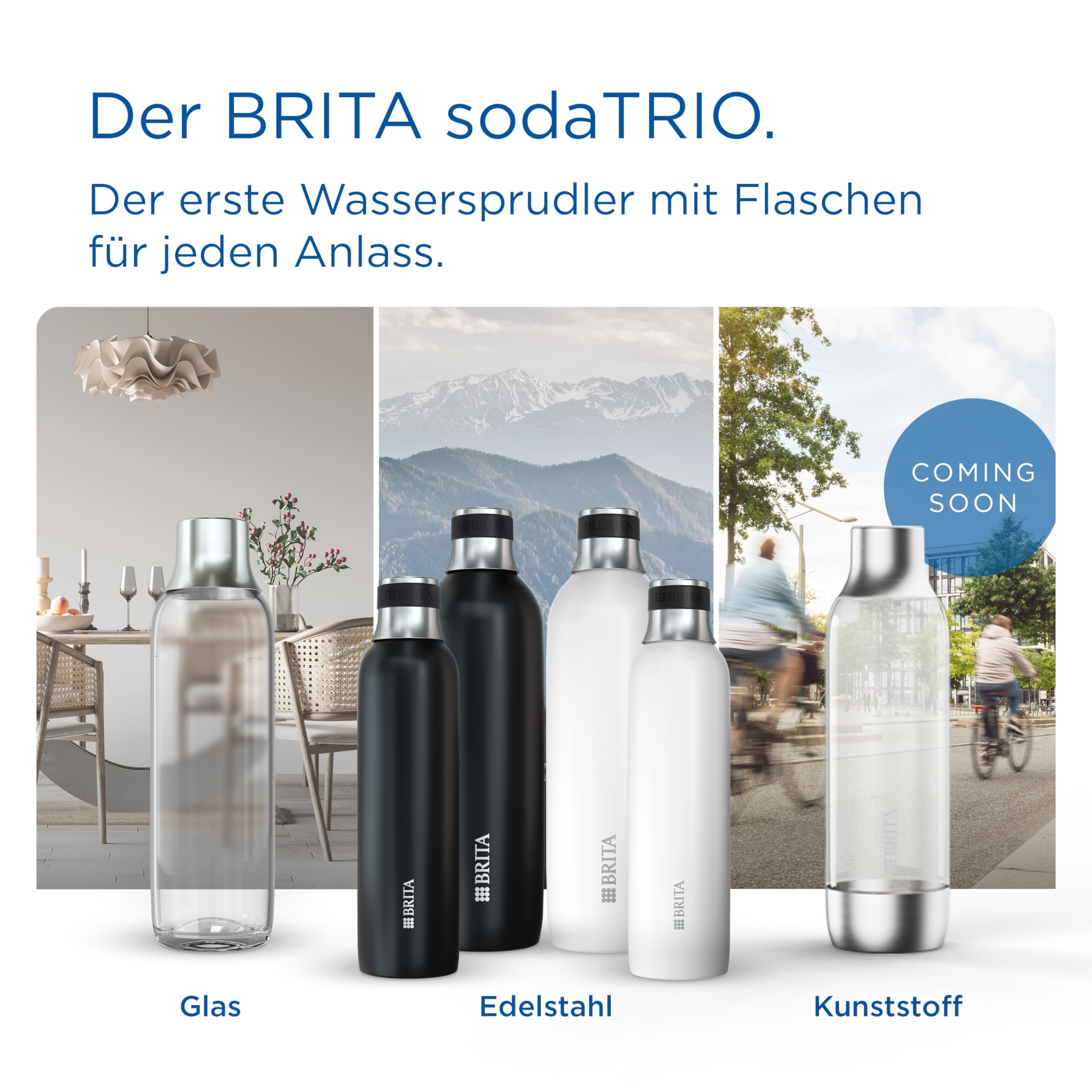 BRITA Glasflasche für sodaTRIO Wassersprudler (1l), 2er Pack Ersatzflaschen – leichte, elegante Wasserflaschen aus Glas im Duo-Pack/Sprudlerflaschen mit Verschluss aus poliertem Edelstahl