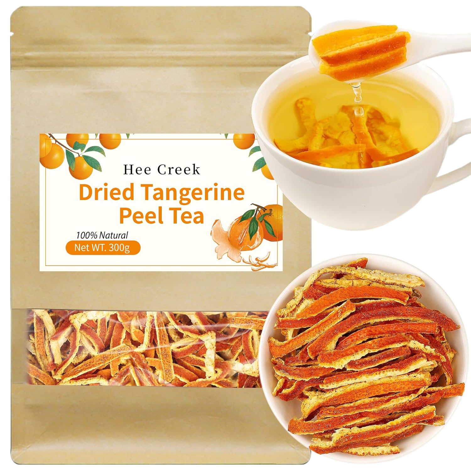 Hee Creek Dried Tangerine Peel Strips 300g/10.58oz Natural Chinese Herbal Tea Dried Orange Peel Chen Pi, Sulfur Free 陈皮 橘皮丝