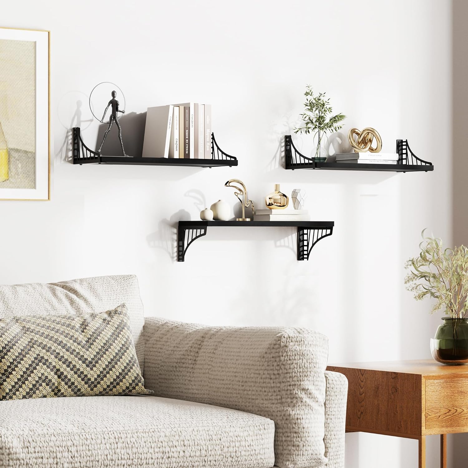 SRIWATANA Floating Shelves for Wall Decor, Bridge Design Wood Wall Shelves for Bedroom, Bathroom, Living Room & Kitchen, Set of 3 (Black)