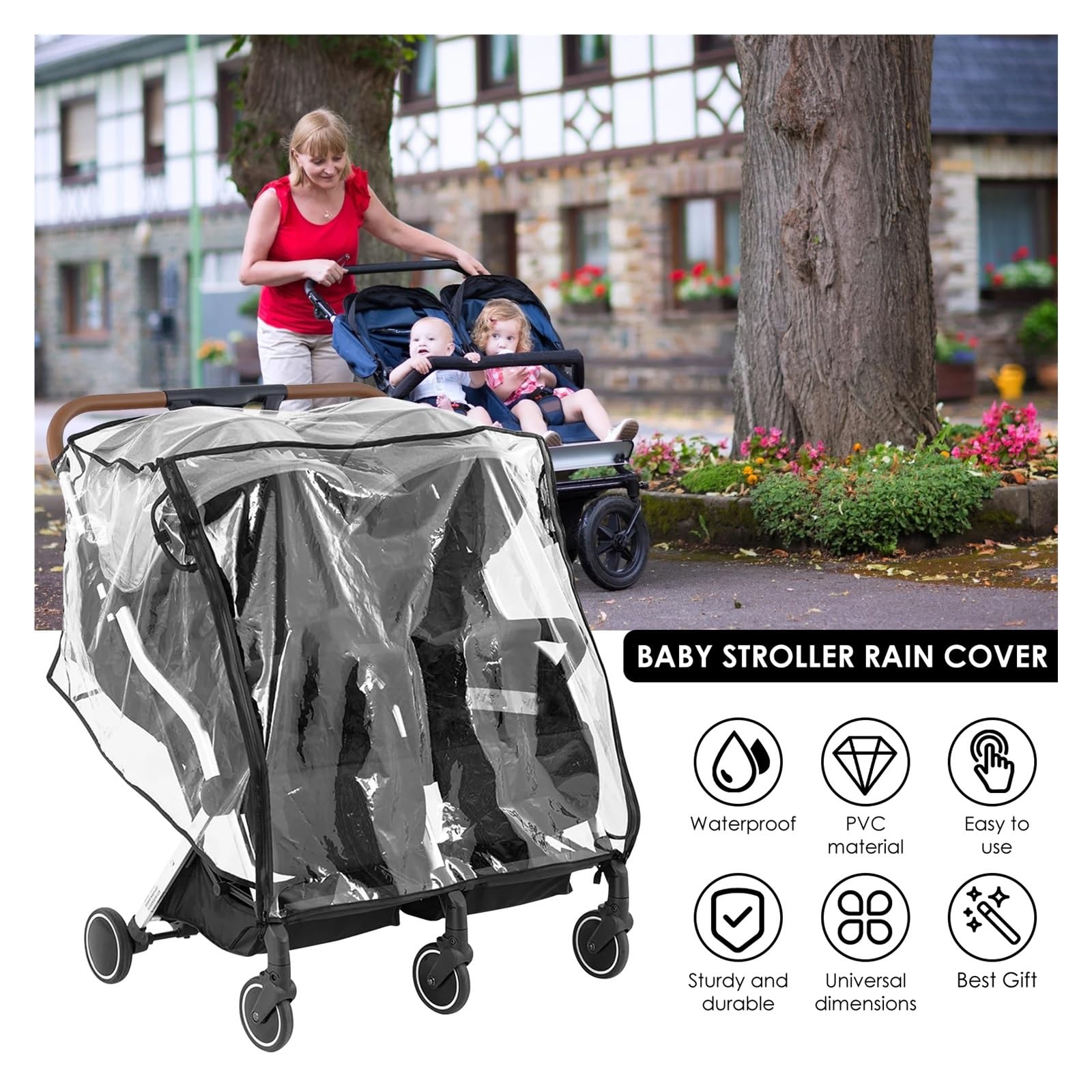 Kinderwagen Regenschutz Universal-Regenschutz for Kinderwagen, for Einzel- und Doppelkinderwagen, transparenter Regenmantel, Wind- und Staubschutz, Zubehör for Kinderwagen im Freien(S)