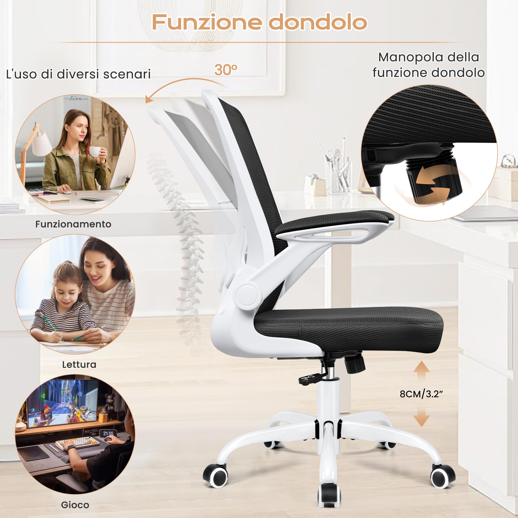 DREAMADE Sedia Da Terra Girevole 360° Con Schienale Regolabile In 5 Posizioni – Poltrona Relax Ergonomica In Tessuto E Spugna, Base Rotonda, Carico Max 120 Kg, Colore Nero