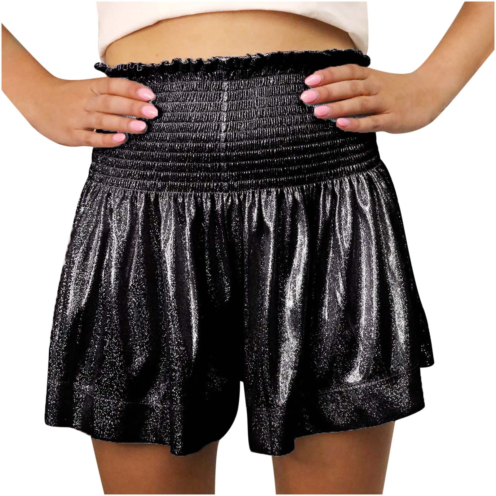 LAWOR Womens Sparkly Shorts Plus Size High Waisted Sequin Shorts Smocked Ruffle Cute Beach Shorts Glitter Shorts for Summer