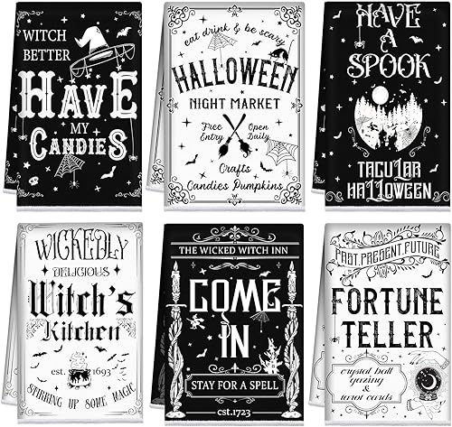 Juego de 6 toallas de cocina de bruja con fondo blanco y negro de Halloween, decoración de bruja de Halloween, juego de toallas de cocina de