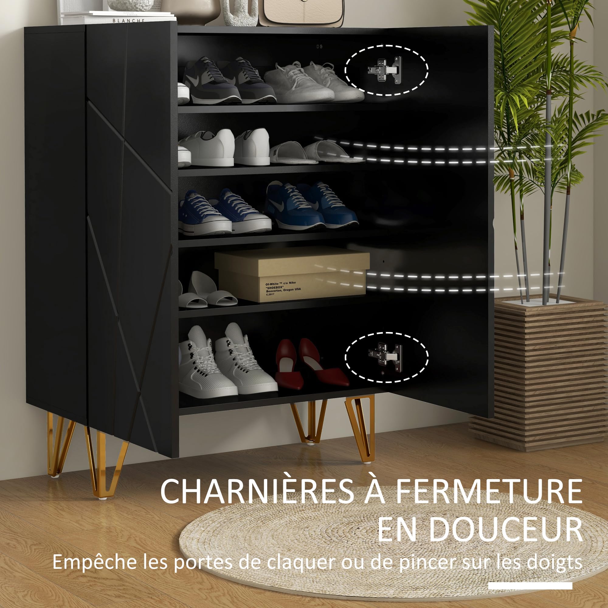HOMCOM Meuble à Chaussures à Haute Brillance 2 Portes Noir Laqué | Meuble de Rangement à Chaussures pour 15 à 20 Paires, Charnières à Fermeture Douce, Étagères Réglables