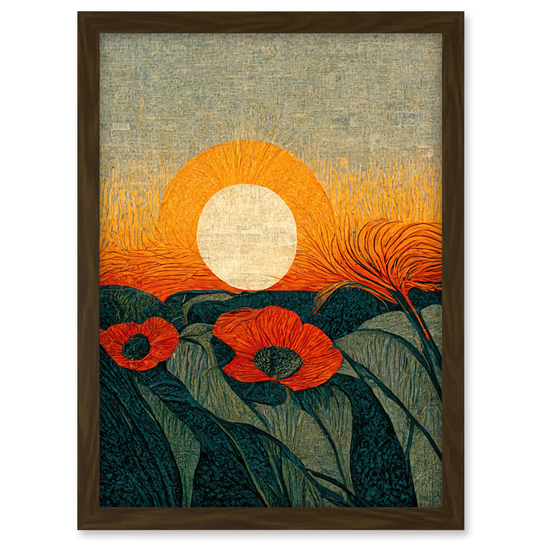 Doppelganger33 LTD Abstract Sunrise Over Poppy Meadow William Morris Style Artwork Framed A3 Wall Art Print