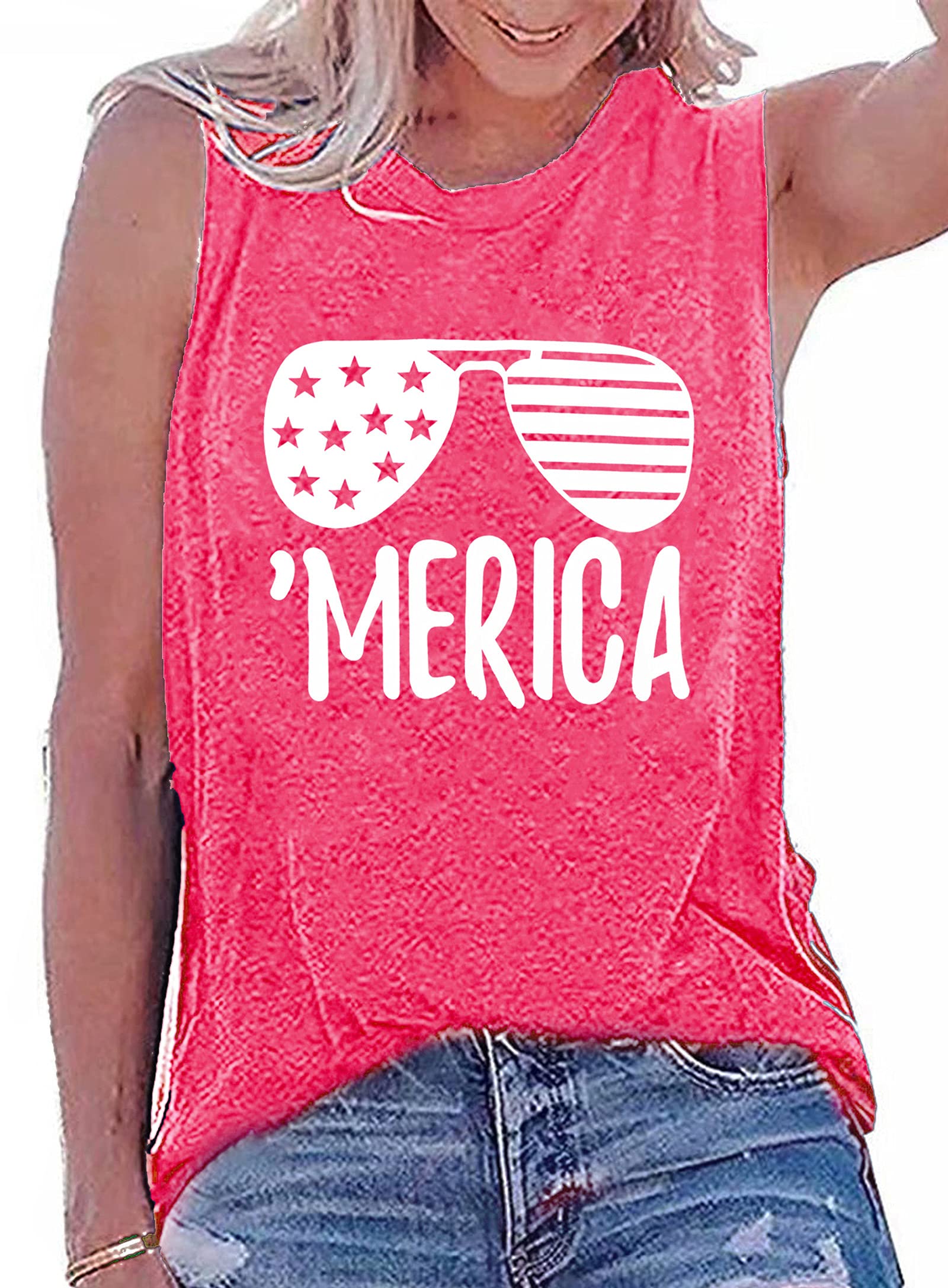 American Flag Tank Tops Women Sunglass Graphic Tees Shirts Casual Sleeveless 4th of July Shirt Tops