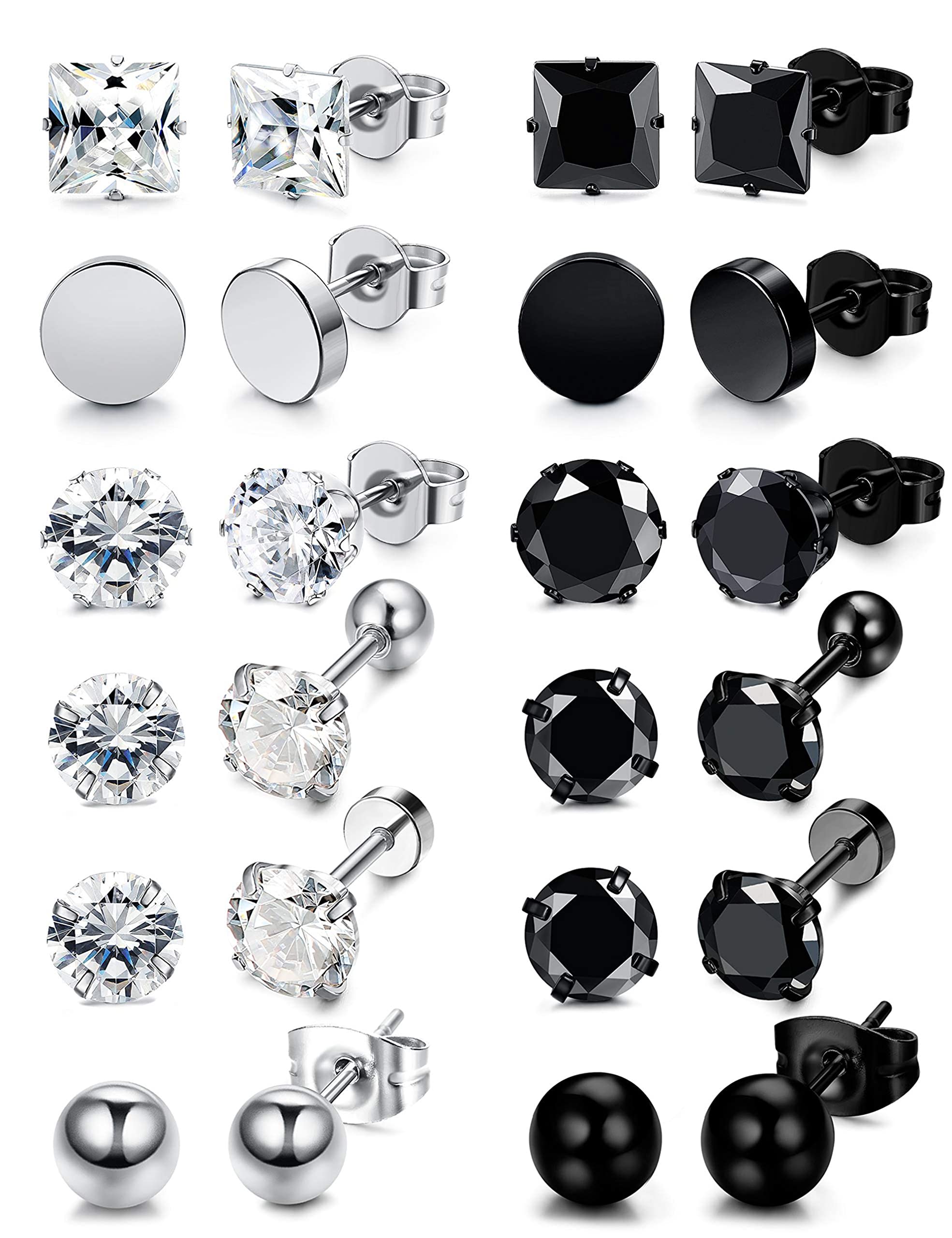 KALVICA 12 Pares Pendientes de Acero Inoxidable Para Hombres Mujer Pendientes de Circonita Cúbicas Redondos Cuadrados Pendientes Oreja Piercing Hipoalergénicos Pendientes de Negros Plata