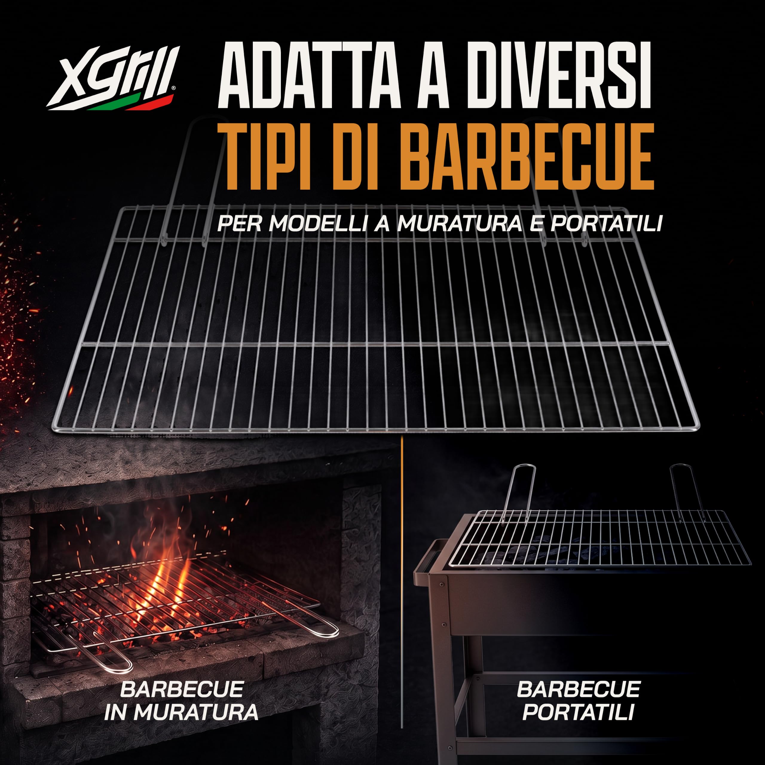 XGRILL | Griglia Barbecue 67,5x40 cm in Acciaio Cromato con Manici Richiudibili | Griglia BBQ Portatile per Barbecue a Carbone e Muratura | Made in Italy