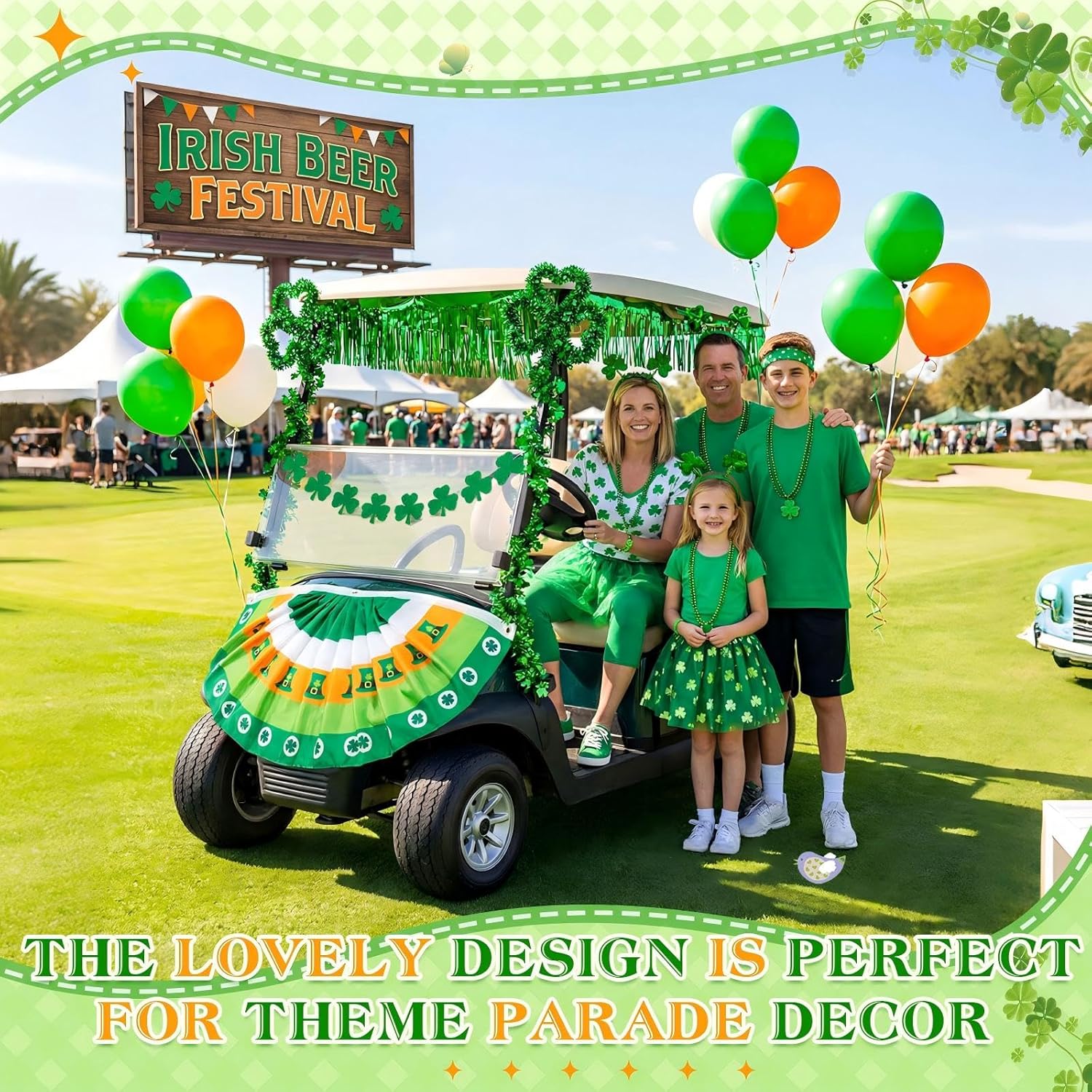 St Patrick's Day Golf Cart Parade Decoration Kit, 39 Pcs Shamrock Golf Cart Set with Clover Banner, Wreath, Bunting Flag, Foil Tinsel Fringe, Balloons for Irish Parade Float Decor
