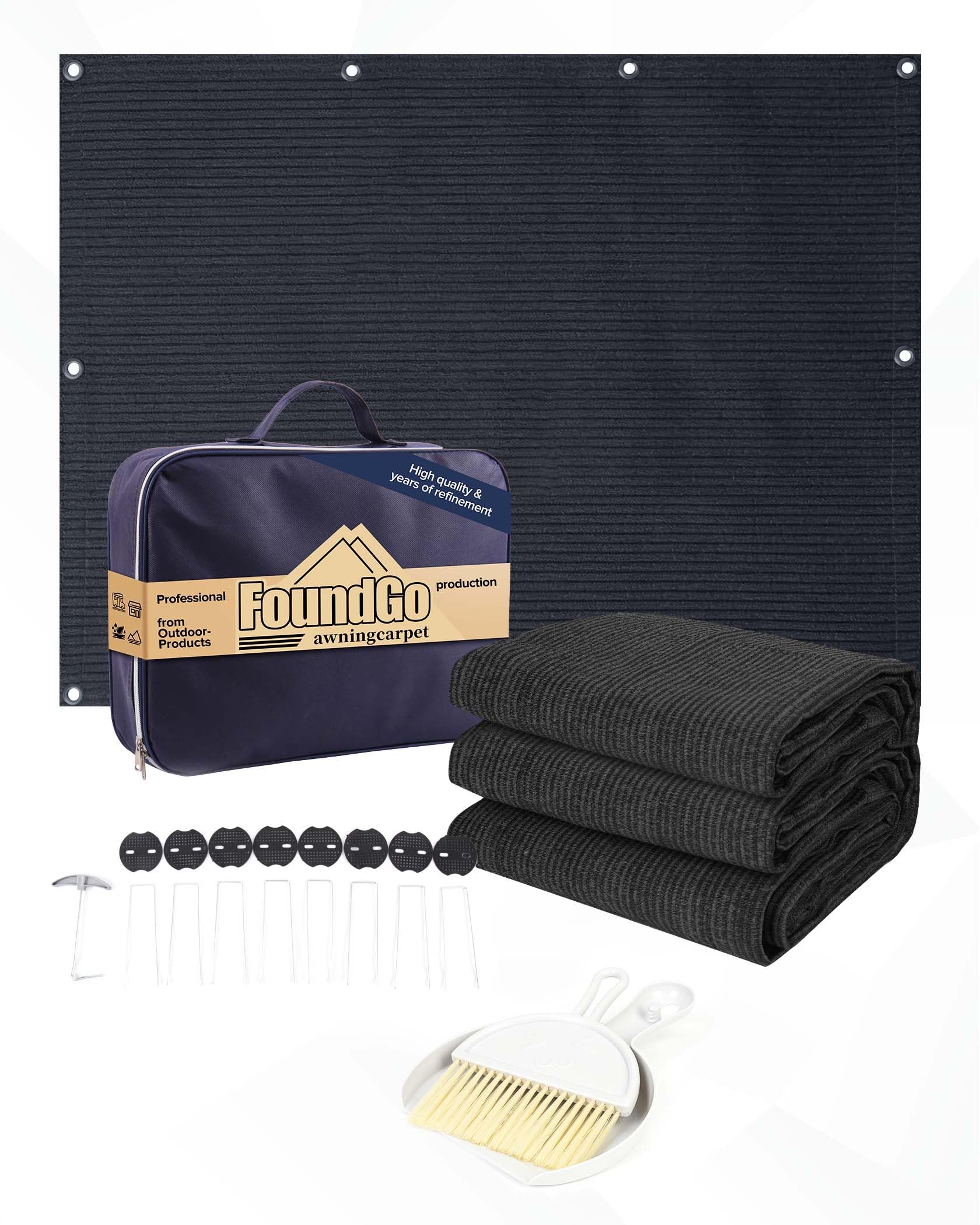 FoundGo Vorzeltteppich mit Ösen [280g/m² HDPE] Camping Teppich Outdoor Vorzeltboden inkl. Tragetasche Stahlnägel & Kleiner Besen Blau/Grau