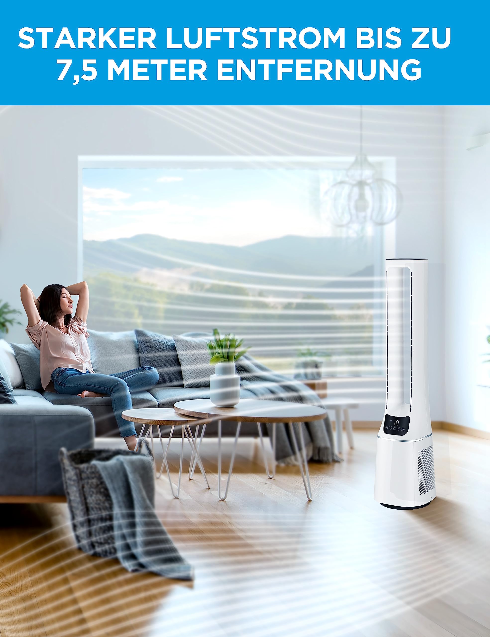Midea MFP-120 (WH) Ventilateur tour 2 en 1 silencieux 38 dB CADR 120 pour écran LED 47,6 ㎡ Télécommande Oscillation Minuterie 12 H Blanc