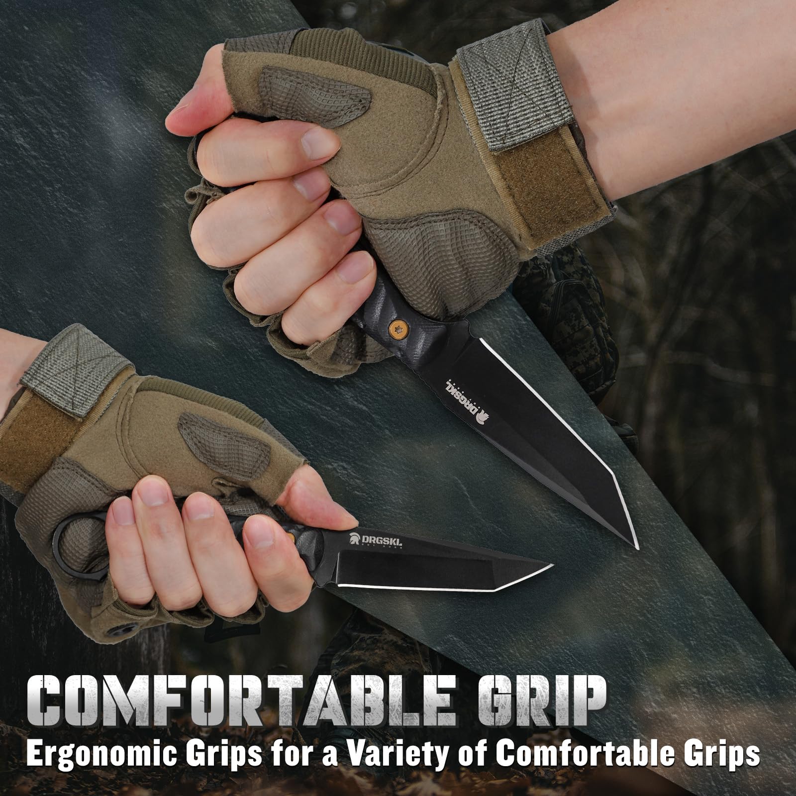 DRGSKL Camping Outdoor Messer Survival, Scharf Vielseitiges Bushcraft Messer Full Tang, Jagdmesser Feststehender Klinge mit Hoher Härte Klinge, Griff mit Ring