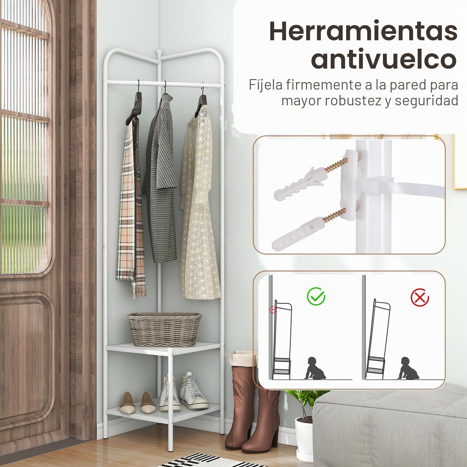HOMASIS Perchero de Pie de Metal Resistente,3 en 1 Perchero de Esquina con Colgador Ropa y Zapatero y Estantes, para Pasillo, Salón, Dormitorio (Blanco)