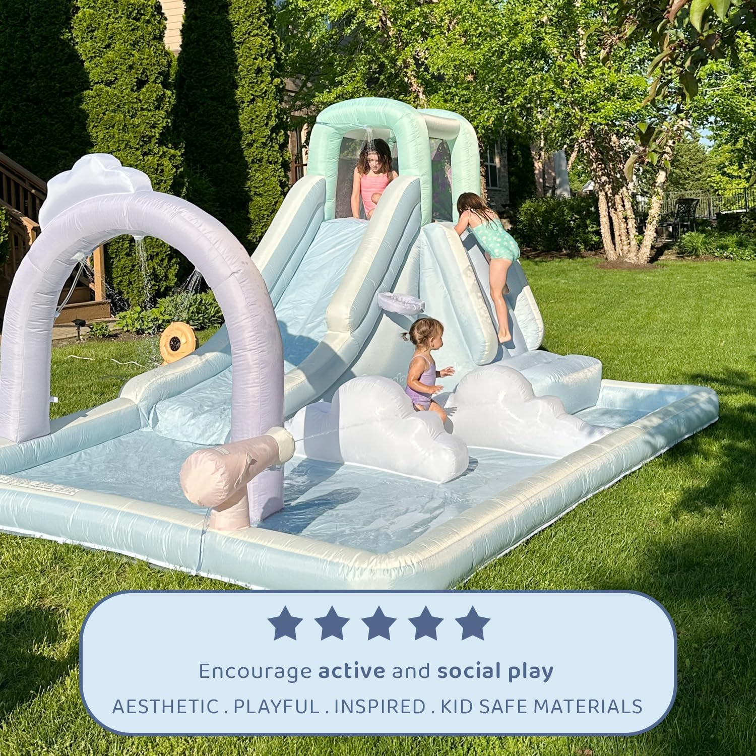 Bounceland Splash N’ Dash Dream Water Slide, 14.4ft L x 9.1ft W x 6.8ft H inflated Size, Outdoor Fun w/Long Slide, Giant Splash Pool, Water Spray, Climbing Wall, Active Play for Kids