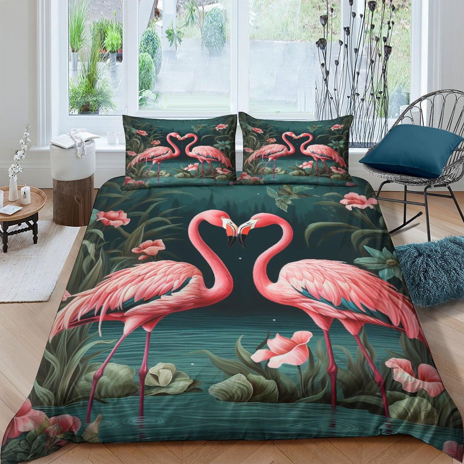 Housse de couette flamants 3D parure de lit 200x200 fermeture éclair microfibre 3 pièces