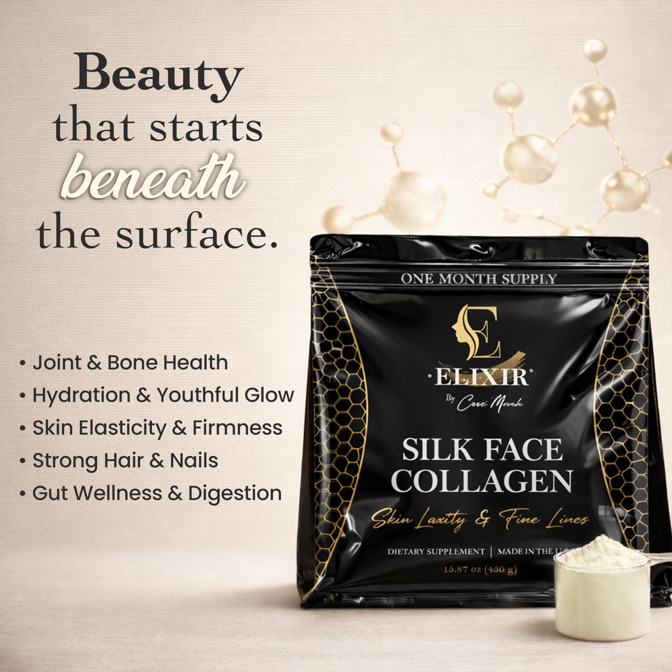 Silk Face Collagen–Silk Collagen for Face and Neck | Sericin-Activated Ultra Low Molecular Weight Collagen–Supports Skin Elasticity and Smooth Appearance–14g Protein–15.87 oz (450g)–Cocó March