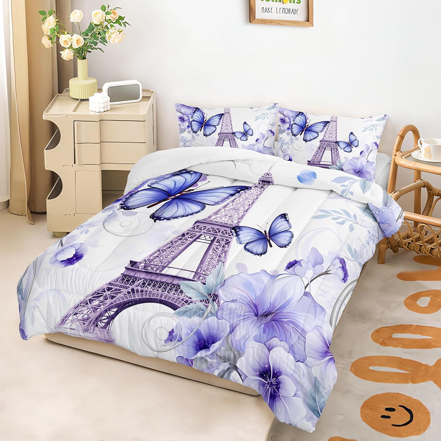 Purple Paris Eiffel Tower City Bedding Set for Girls Kids Women Couple Bedroom, Butterfly Quilt Queen Size Comforter for Audlt, 3Pcs Flower Comforter Set with1 Comforter and 2 Pillow Cases