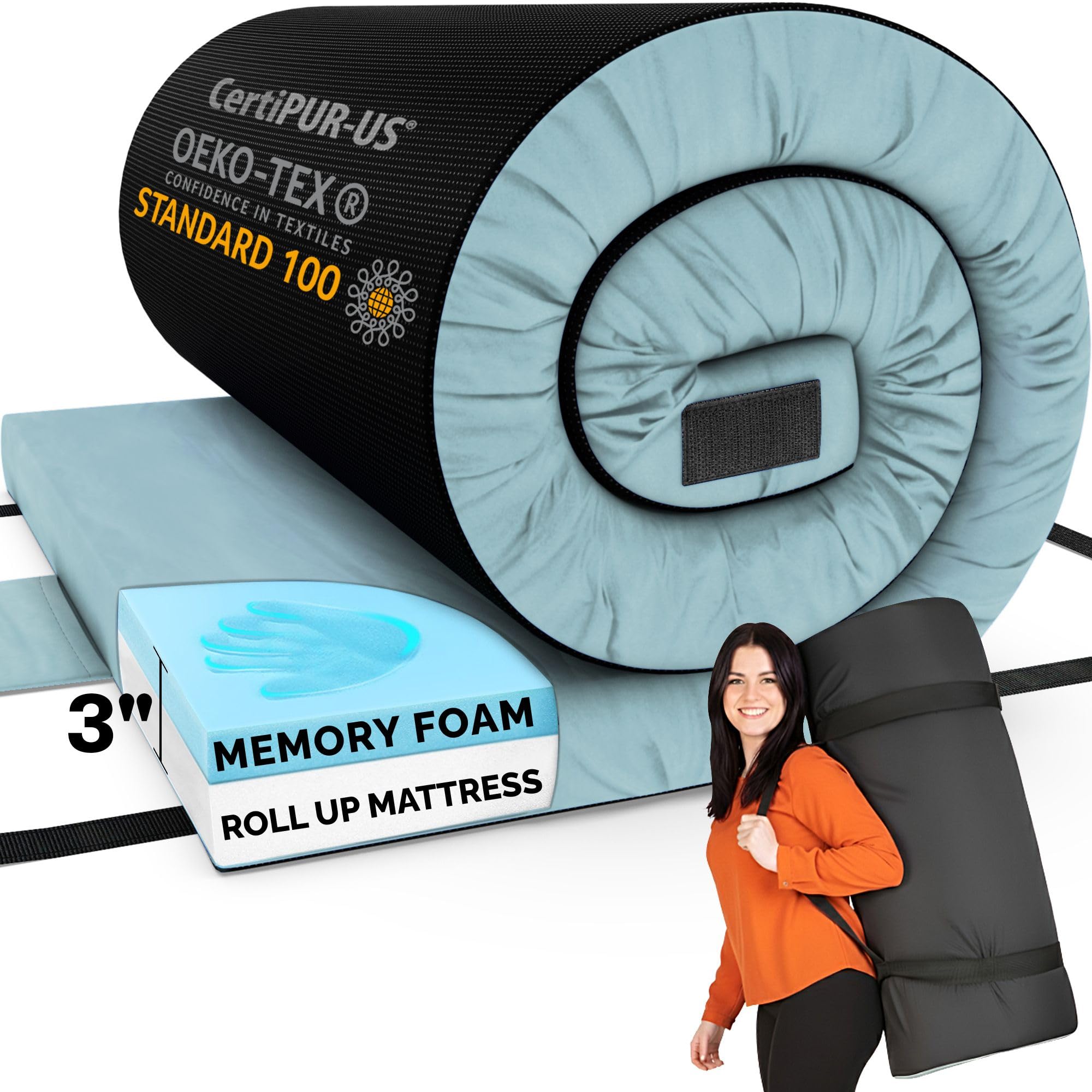 Hazli Matrix Comfort-Cell Memory Foam Camping Mattress Pad - Roll Up Mattress for Adults - Portable Cot Sleeping Pad for Camping - Floor Mat or Bed Roll for Car, SUVOEKO-TEX STANDARD 100