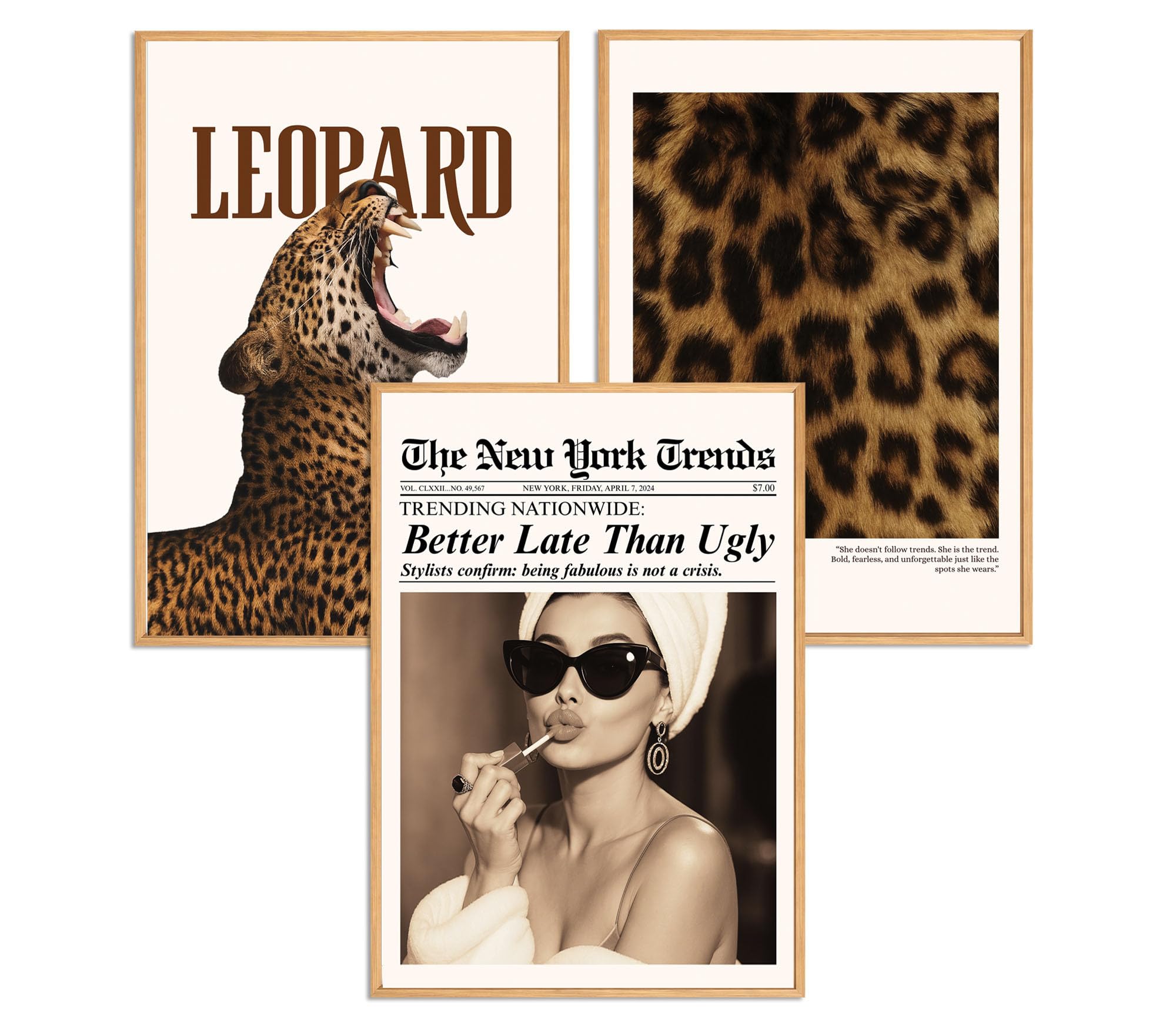 ag.art deco® Pack of 3 Wall Art 40x50cm Wooden Frame Leopard Fashion
