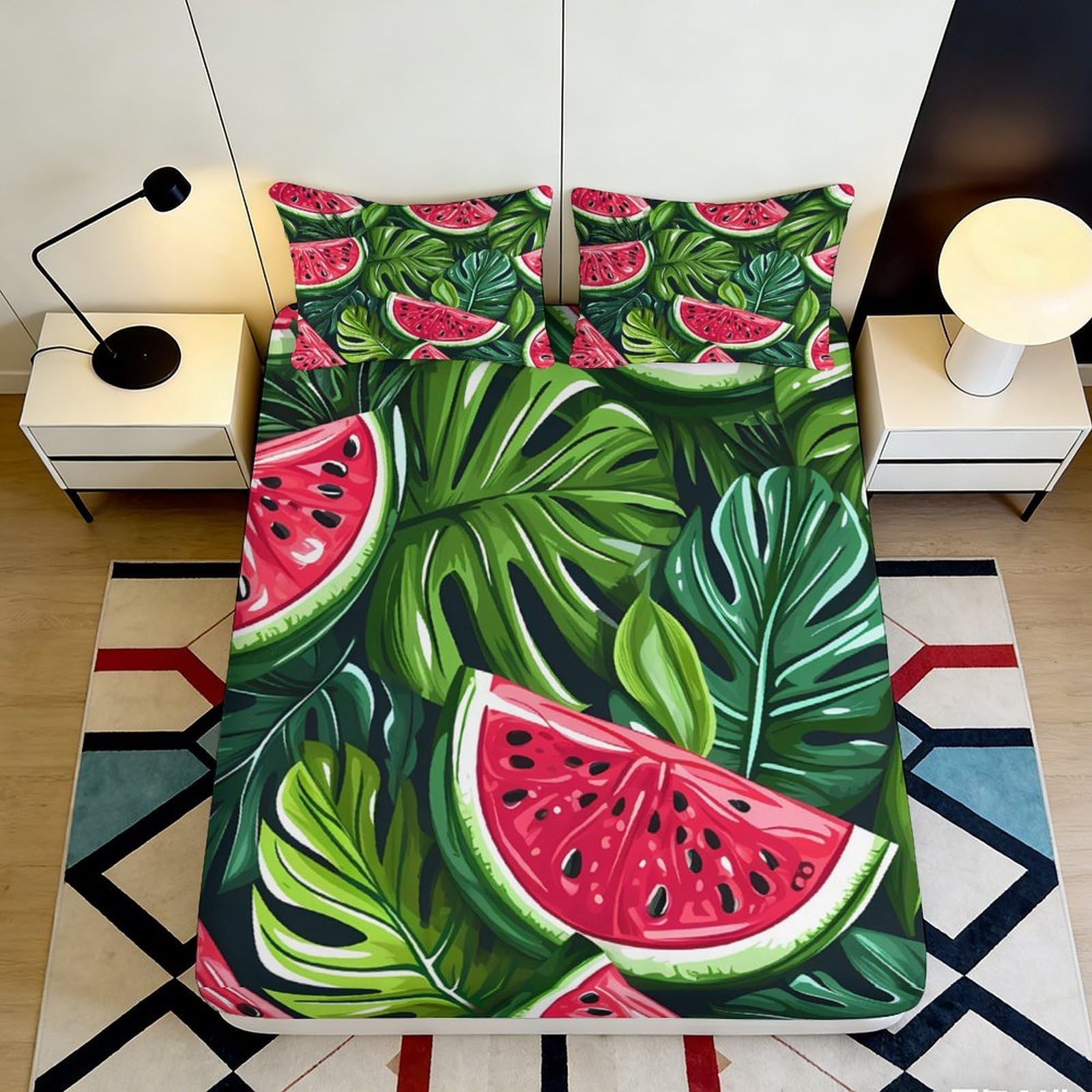 3D Printed Watermelon Leaf Fitted Sheet Microfiber Soft Mattress Cover for Bedroom Dorm Decor Easy Care 90x200x25cm