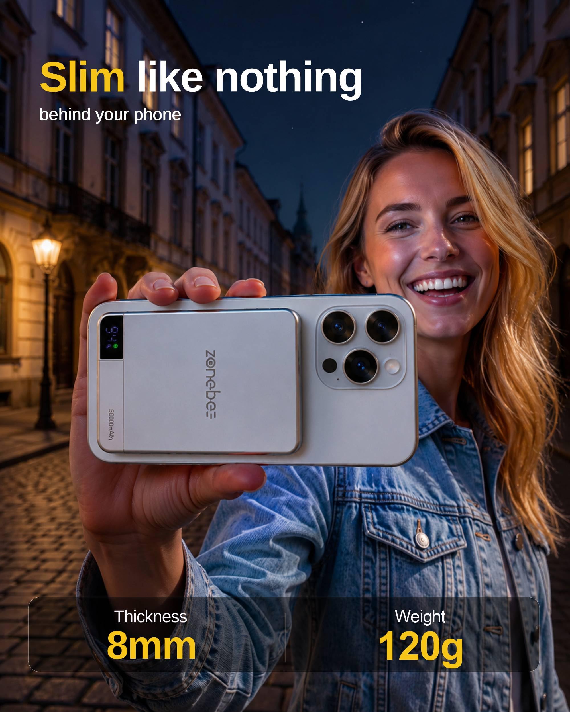 Batería externa inalámbrica de 5000 mAh, ultradelgada y ligera con carga rápida USB-C, pantalla digital, compatible con iPhone 17/16/15, Samsung S26/25, Pixel 10