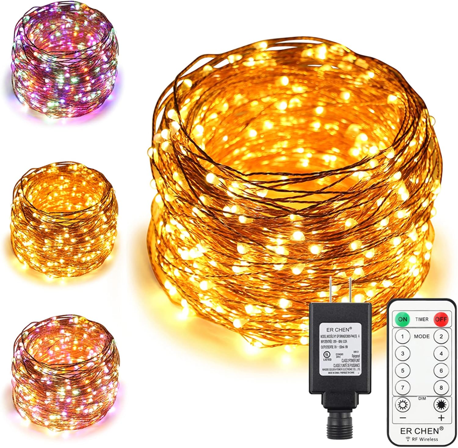 ErChen Dual-Color LED String Lights, 165 FT 500 LEDs Plug in Copper Wire 8 Modes Dimmable Fairy Lights with Remote Timer for Indoor Outdoor Christmas (Multicolor/Warm White)