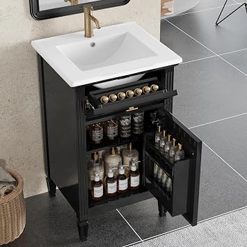 Favfurish 20" Bathroom Vanity with Sink,Wood Frame Water-Resistant Storger Cabinet w/Legs & Adjustable Shelf,Tilt-Out Drawer,Zinc Alloy Knobs,Soft-Close Hinges,Black