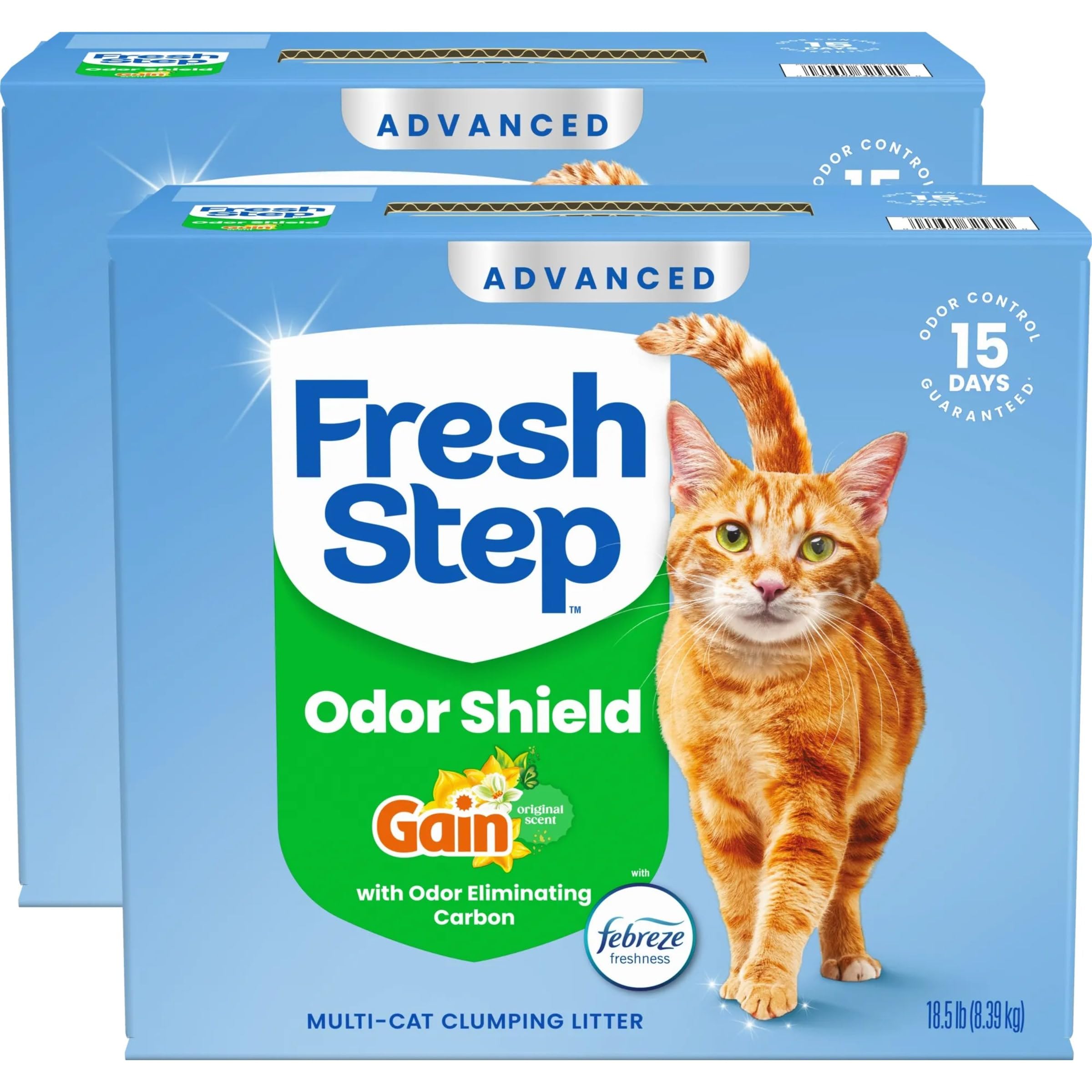 Odor Shield Advanced Multi Cat Clumping Litter with Febreze Freshness, Gain Original Scent, 18.5 lb Each, Pack of 2 (Package May Vary)