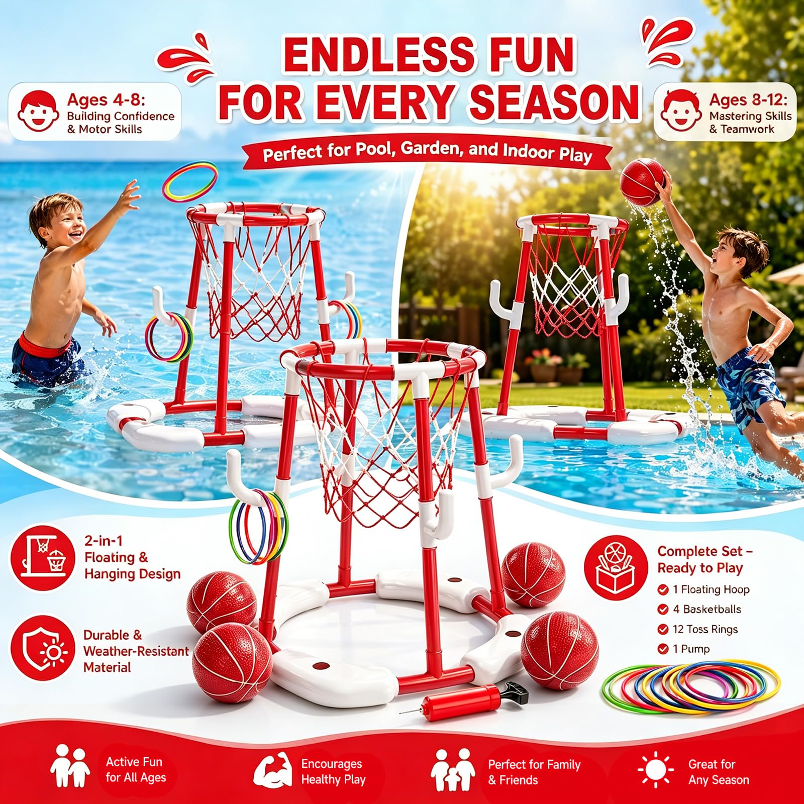 Yuragim Canasta de Baloncesto para Piscina, Juguete Inflable Flotante y Estacionario con 4 Pelotas, 12 Anillos de Lanzamiento, Red y Bomba, Ideal para Niños de 4 a 12 Años