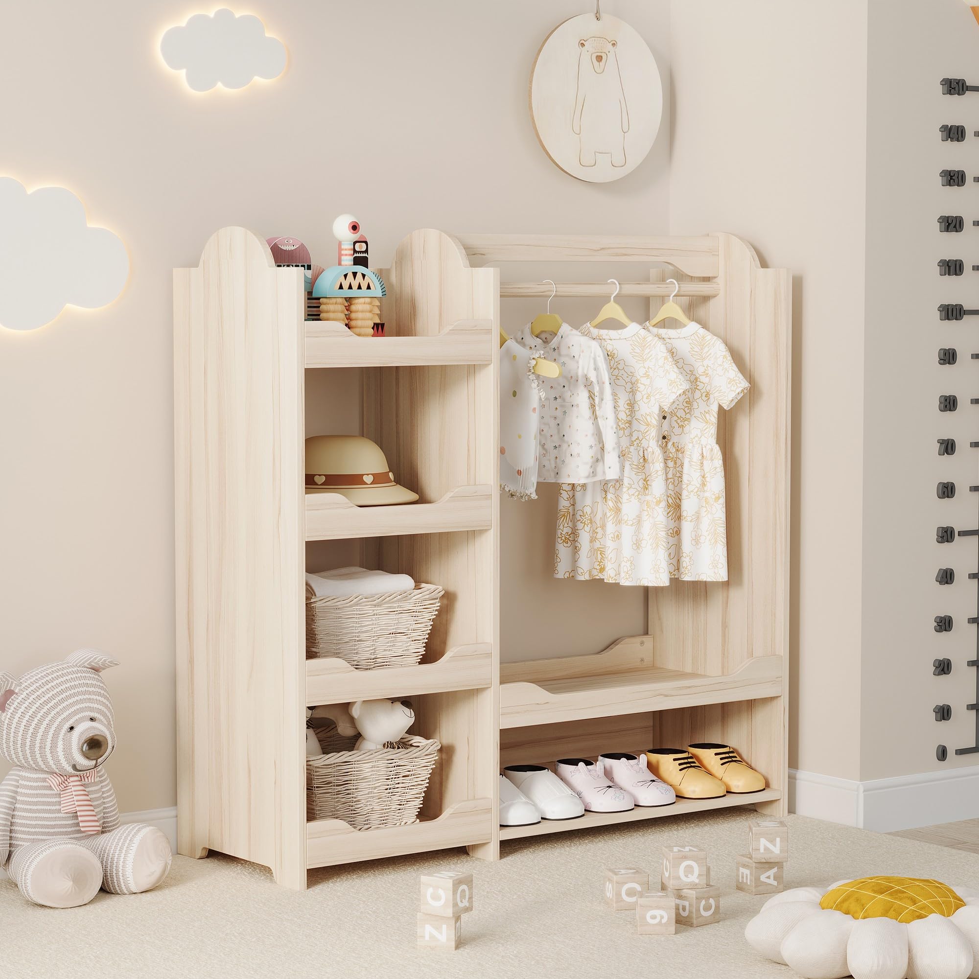 Garderoba dziecięca z drążkiem na ubrania i 4 półkami, naturalne drewno, MDF, 110 x 39 x 110 cm, do pokoju dziecięcego