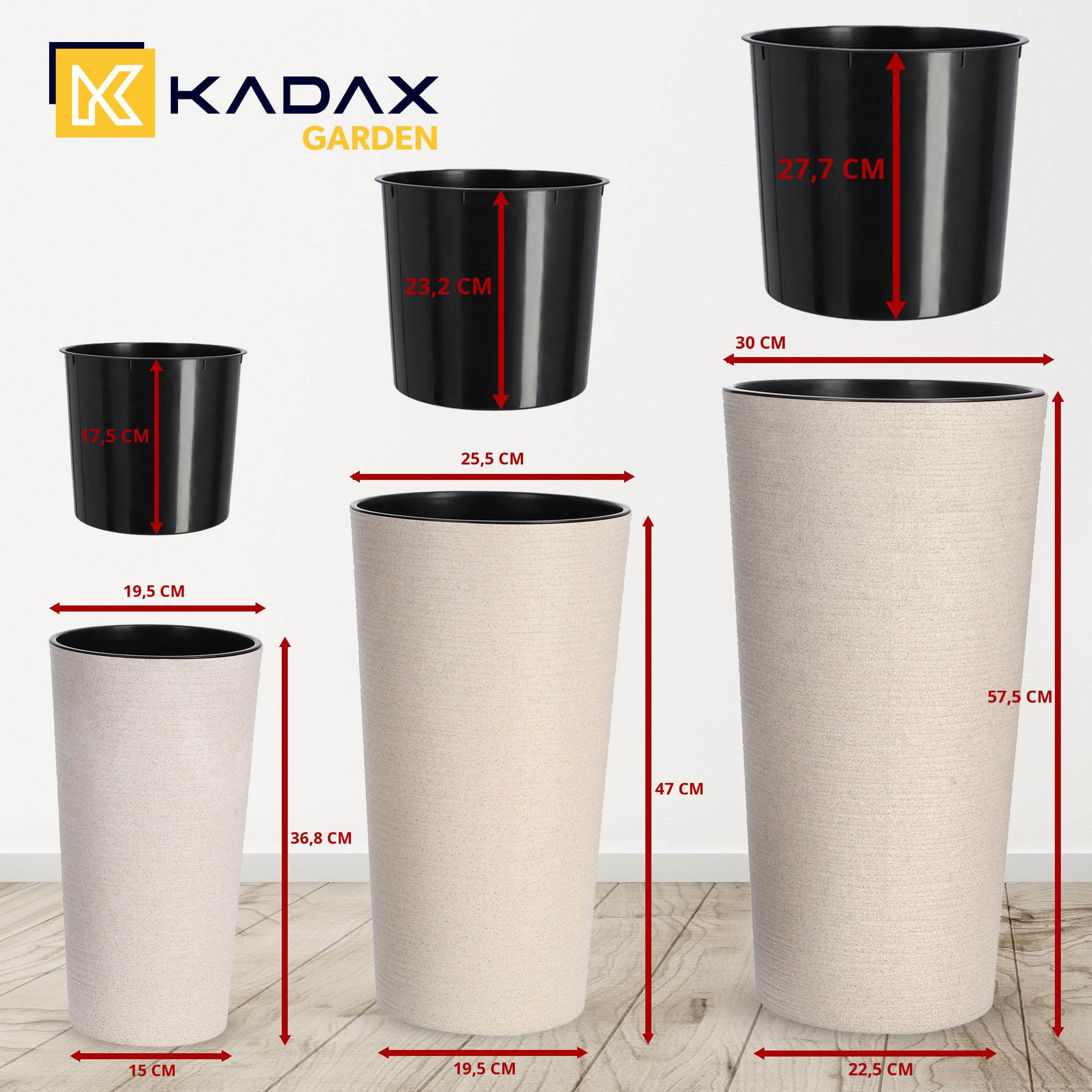 KADAX Maceteros Altos para Interior y Exterior, Macetas Grandes y Decorativas para Plantas de Gran Tamaño y Árboles Pequeños (Crema, Juego de 3)
