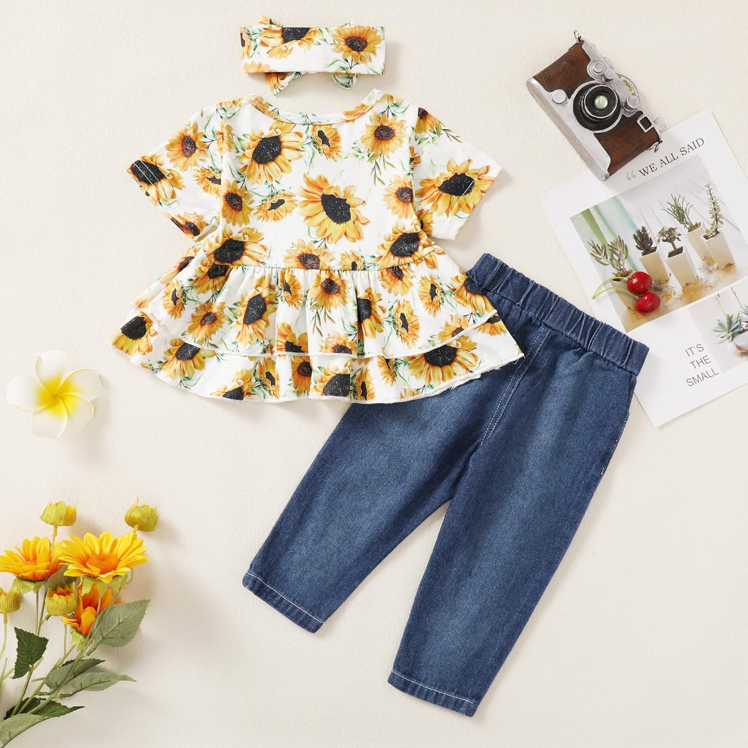 XUANHAO Baby Girl Clothes 12 18 24 Months Outfits For Infant Toddler Denim Girls' Clothing Ruffle Top Ripped Jeans Pant Sets - Image 3