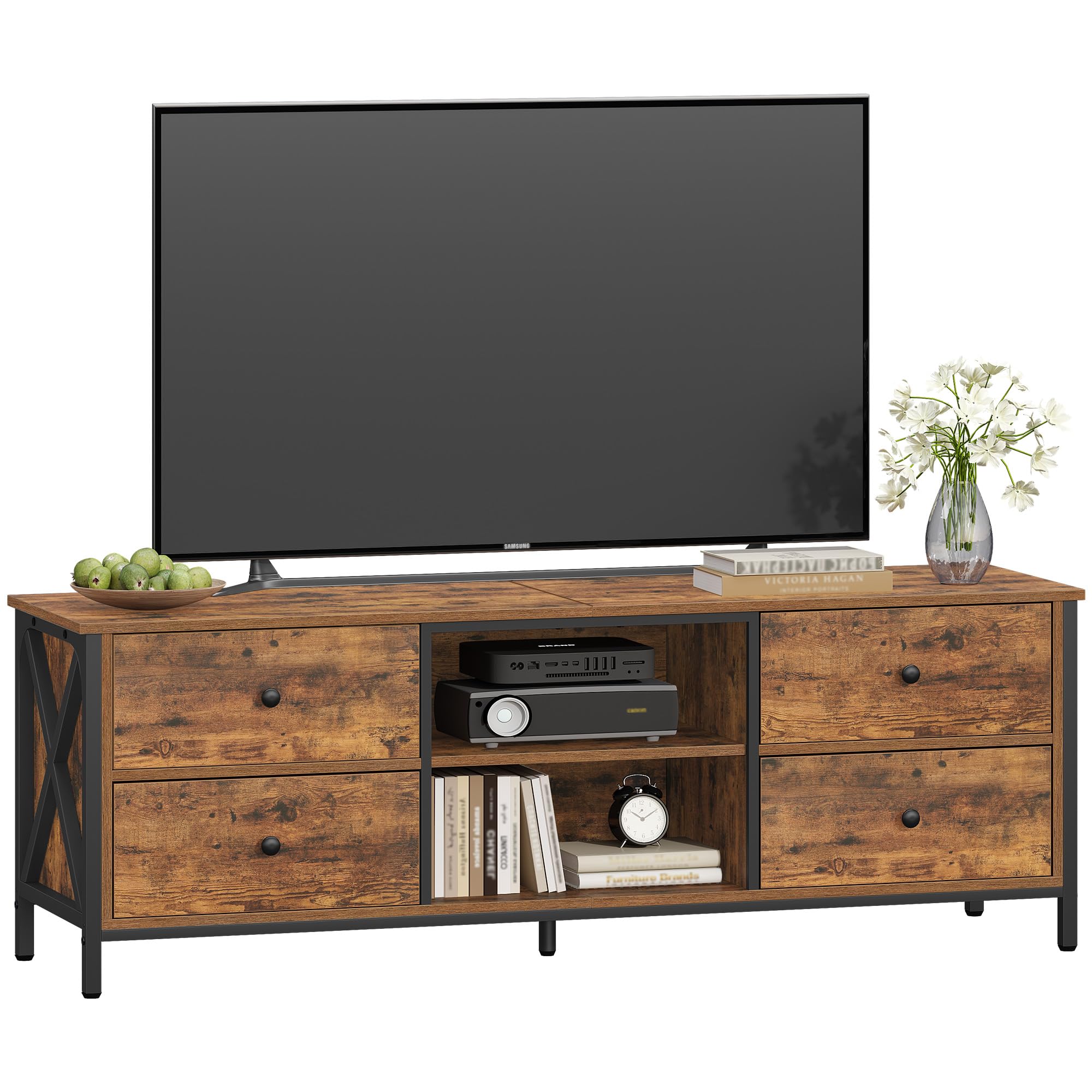 Hzuaneri TV-Schrank mit 4 Schubladen, TV-Ständer für TV-Geräte unter 65 Zoll, mit 2 offenen Fächern, 40 x 147 x 50 cm, Fernsehschrank für Wohnzimmer, Schlafzimmer, Vintagebraun-Schwarz TV16801B