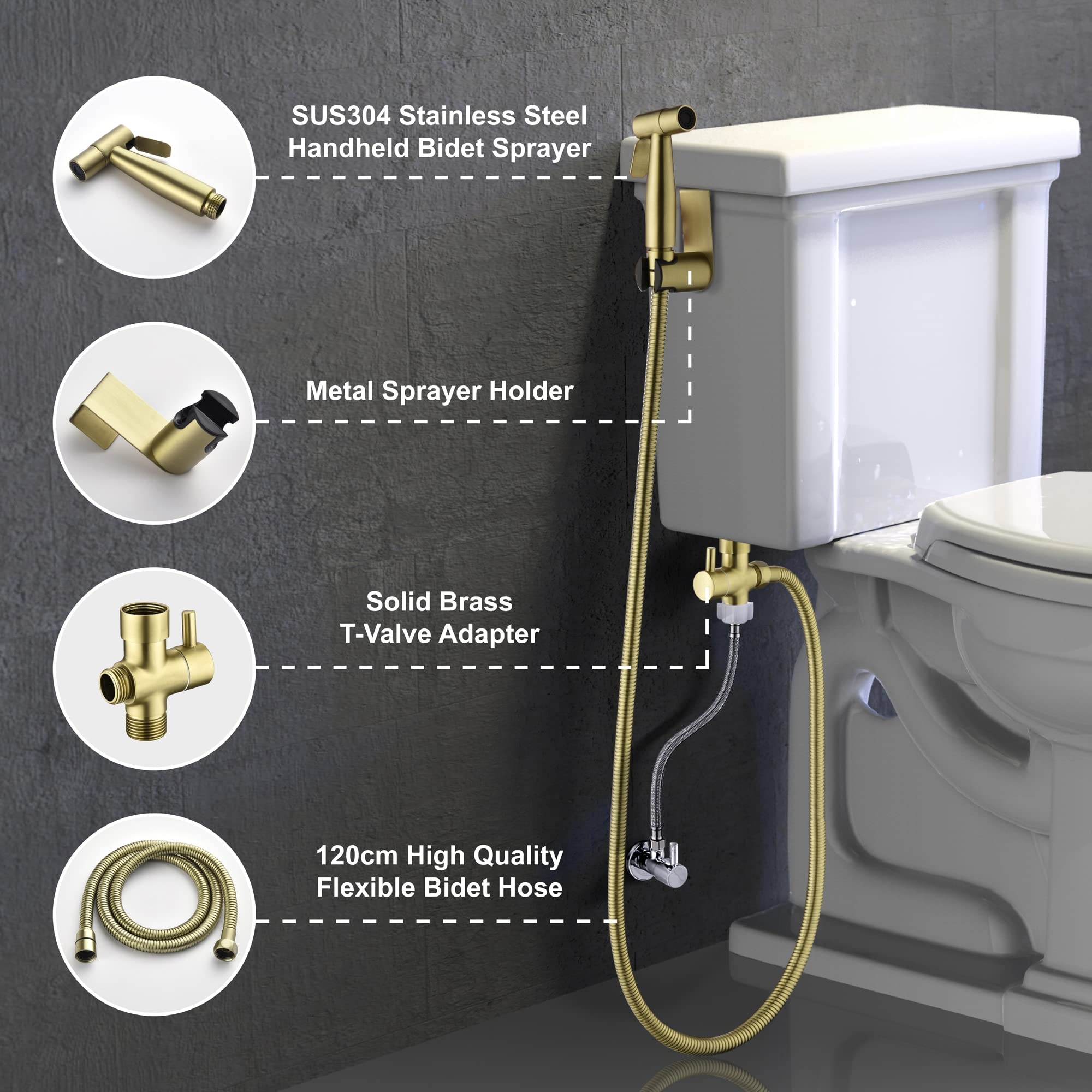 Spruzzatore Per Bidet Tenuto in Mano, Atomizzatore Per WC Portatile/in Acciaio Inossidabile Con Gancio, Facile da installare, Per Animali Domestici, Igiene Personale,Brushed gold