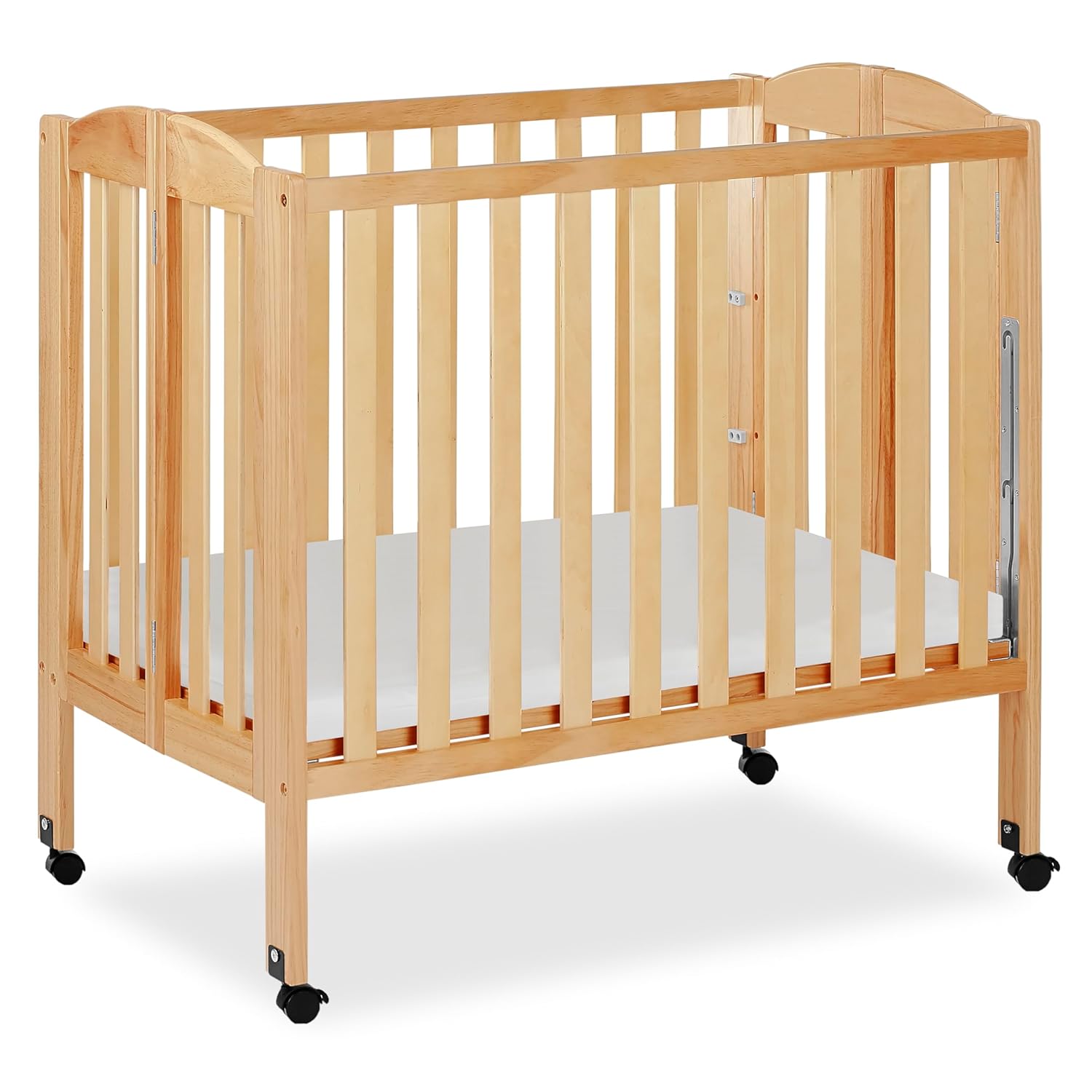 Dream On Me 3 in 1 Portable Folding Stationary Side Crib in Natural, Greenguard Gold Certified, Safety Wheel with Locking Casters, Convertible, 3 Mattress Heights Natural Crib