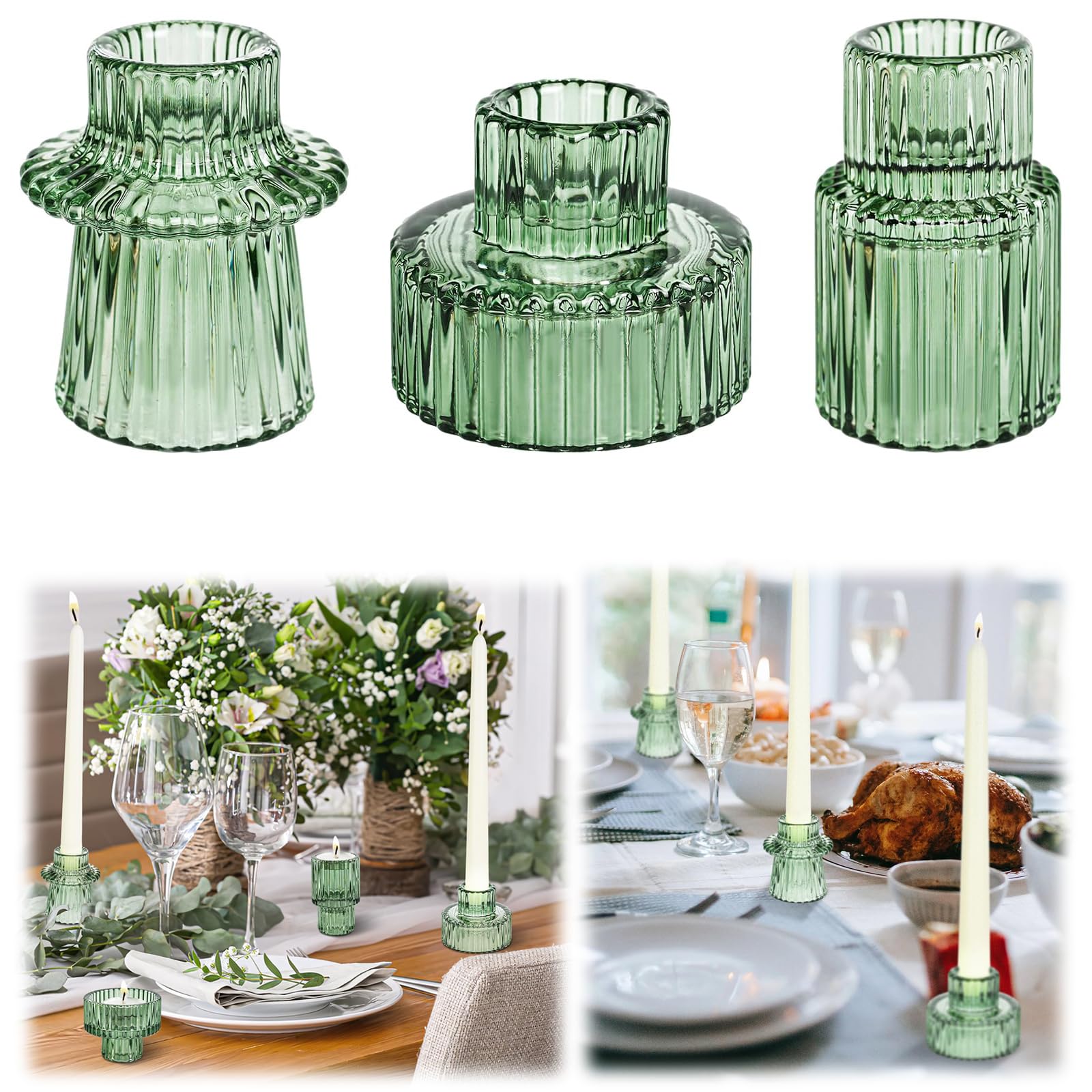 SYOSI Diwali Festival Taper Votive Candle Holder for Pillar Candles Tealight, Candlestick Holder for Wedding Tea Party, Boho Ribbed Vintage Crystal Glass Table Centerpiece Decor, Bulk Set of 3 (Green)