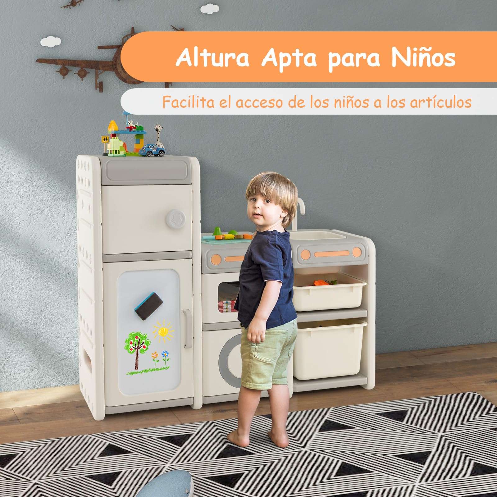 COSTWAY Organizador de Juguetes para Niños, Estantería Infantil para Juguetes con Pizarra Magnética, Fregadero, Grifo Desmontables, Baúl de Juguetes con Armarios Cerrados/Contenedores/Marcadores