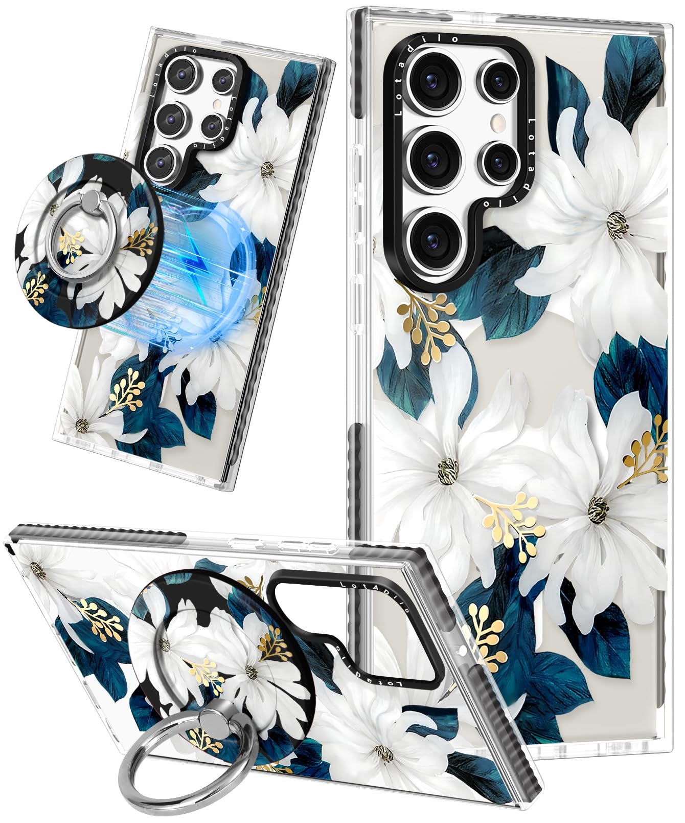Lotadilo for Samsung Galaxy S23 Ultra Case for Women - Girls Funny Cute Design Compatible with Magsafe Magnetic Ring Holder Stand Blue Flower Phone