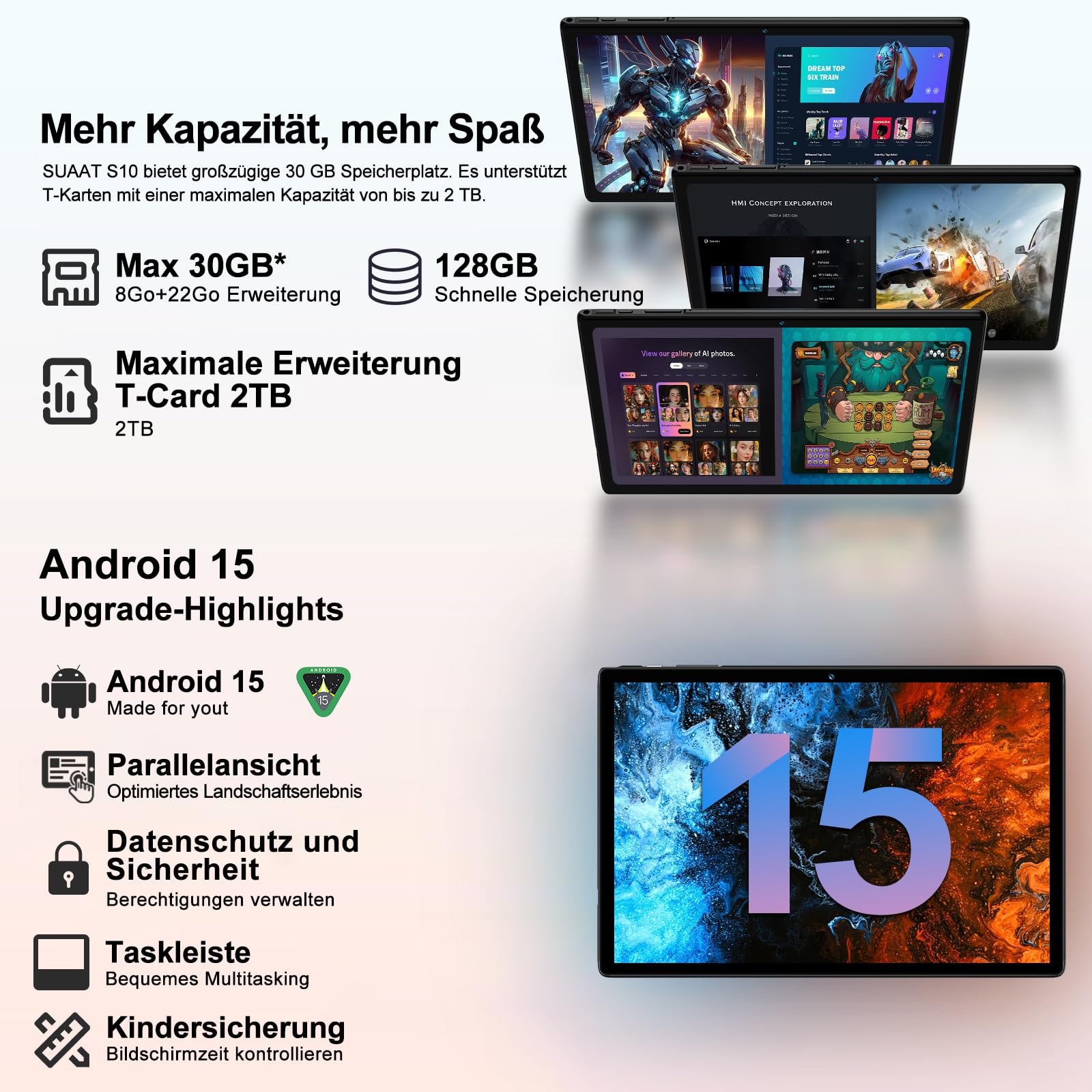 2026 Neuestes Android 15 Tablet 【30 GB RAM + 128 GB ROM+2TB】【Gemini AI】10.1 Zoll, , Widevine L1, Octa Core, 8000 mAh, 8 MP + 5 MP, BT 5.0, GPS,GMS,Tablets mit Maus, Tastatur und Schutzhülle-Schwarz