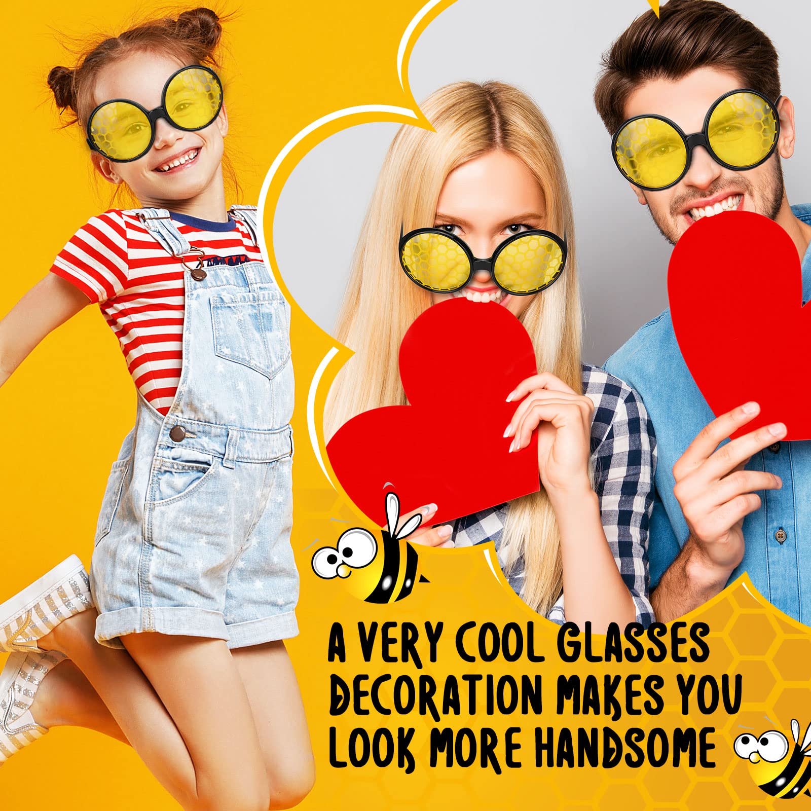 Konohan 3 Packs Bee Glasses Honey Bee Costume Glasses Funny Eyeglasses Black Yellow Sunglasses Costume Accessories for Women Men Kids Cosplay Party Favors