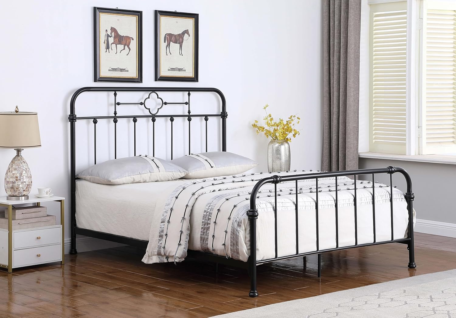 Matte Black Queen Metal Bed with Upholstered Headboard