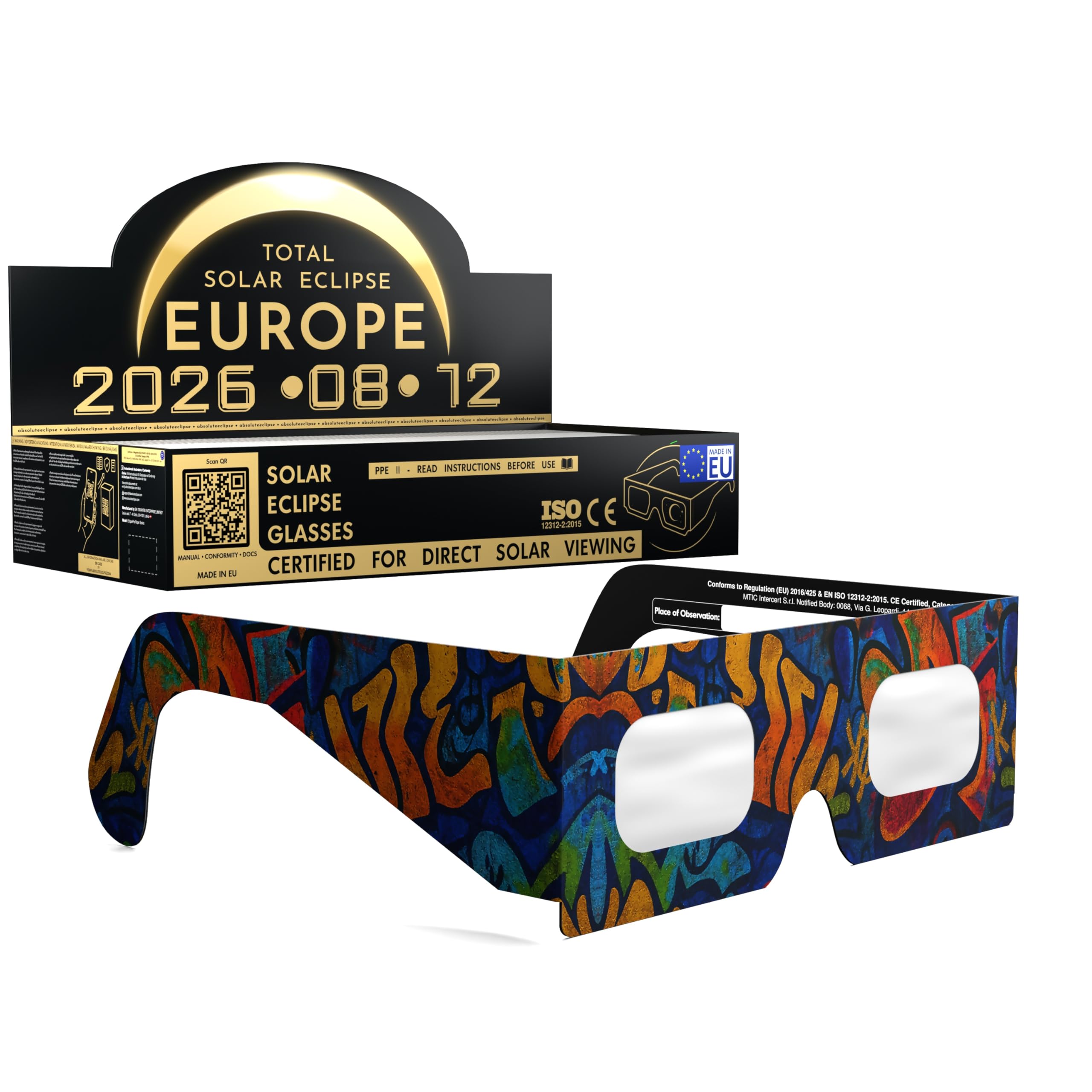 Solar Eclipse Glasses ISO 12312-2 CE Certified | Safe Solar Viewing Glasses UK | Paper Cardboard Frame | Total Solar Eclipse August 2026 | Made in EU | 100 Pack | Urban โ image 1