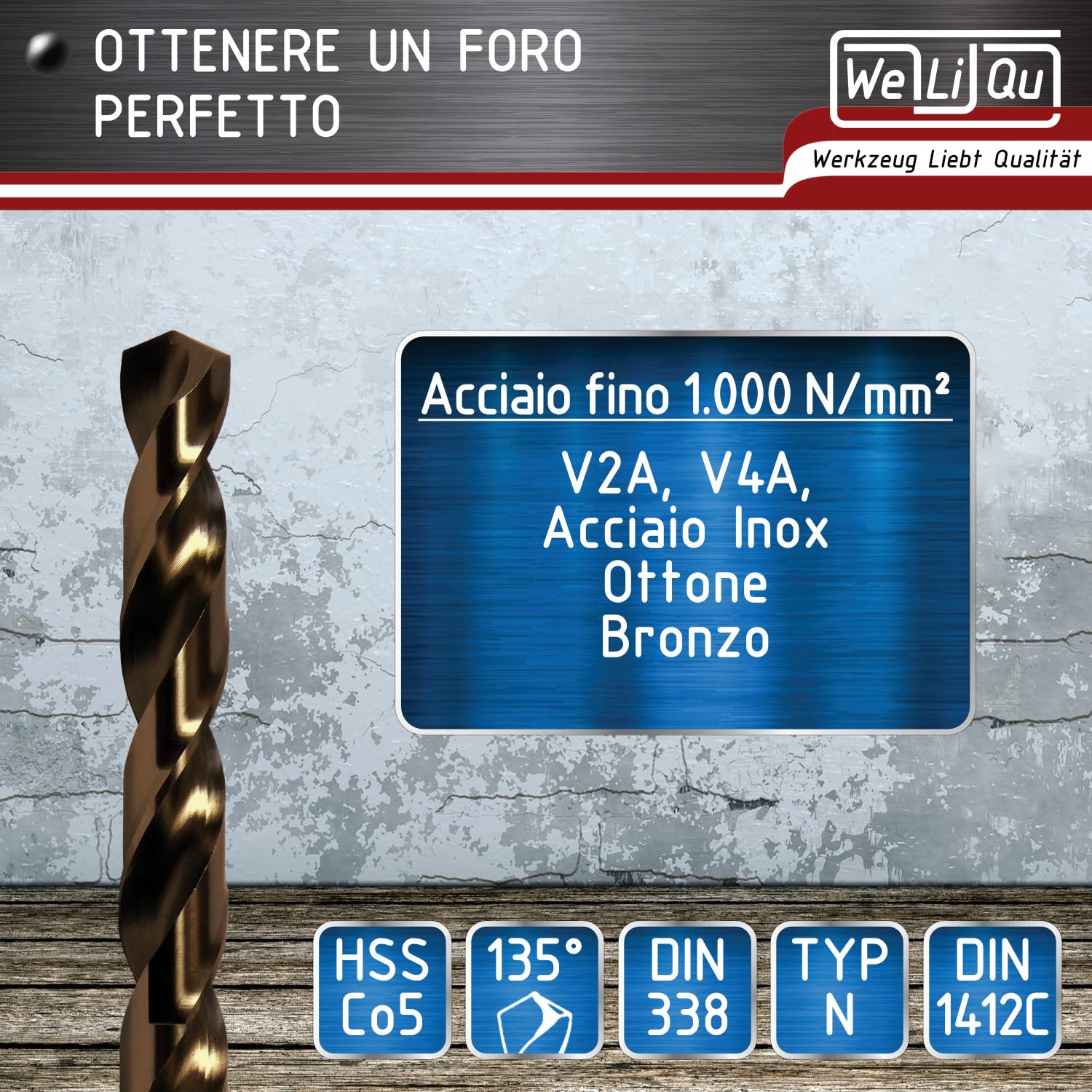 WeLiQu® Set di punte elicoidali per trapano HSS-E M35 Cobalt, 25 pezzi, passo da 1-13 mm, passo da 0,5 mm, autocentranti, DIN 338, tipo N, 135°, per acciaio fino a 1.000 N/mm², V2A CrNi Bronzo Ghisa